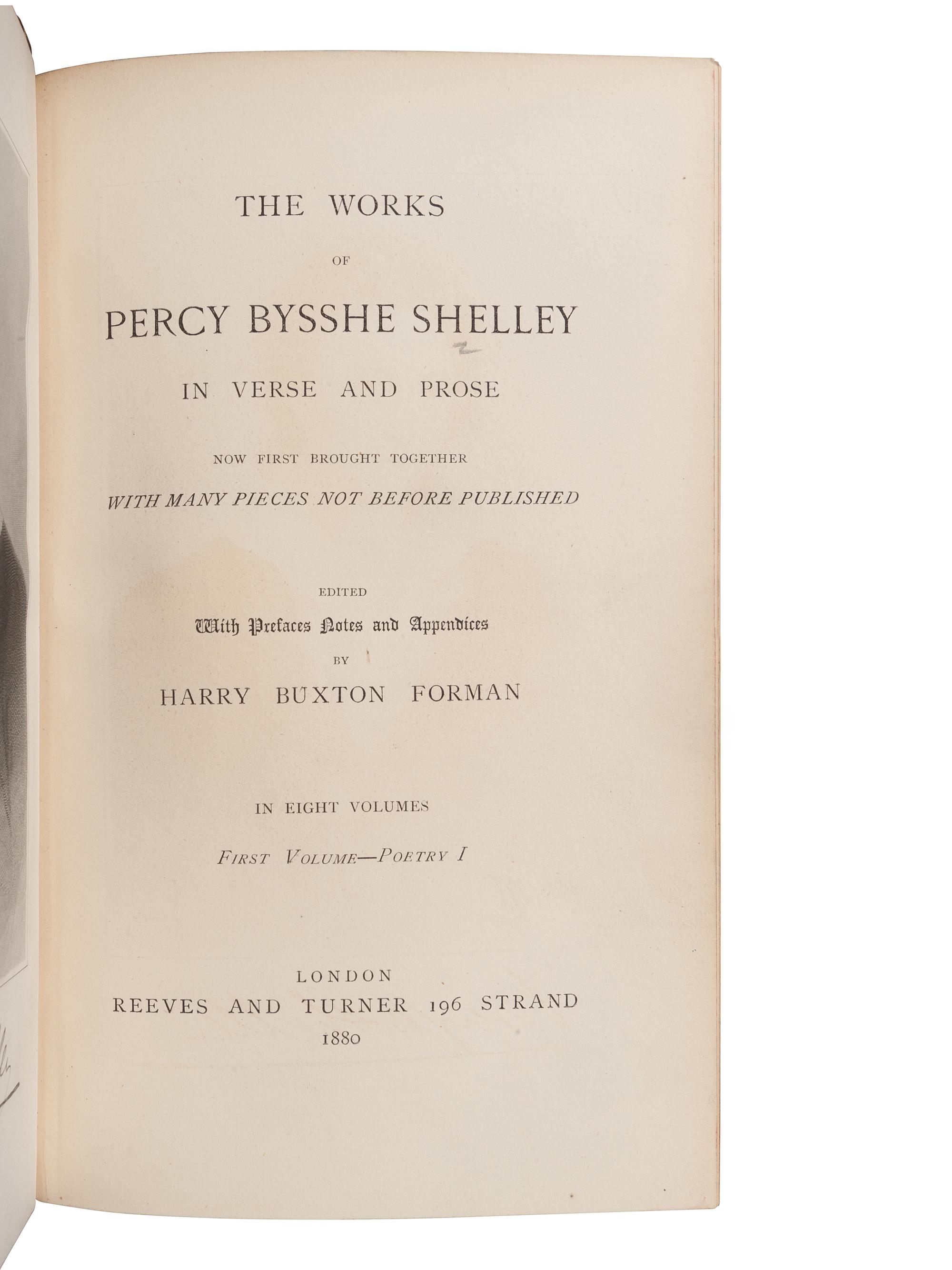 [BINDINGS]. SHELLEY, Percy Bysshe (1792-1822). – FORMAN, Harry Buxton, editor. Works . London: Reeves and Turner, 1880.