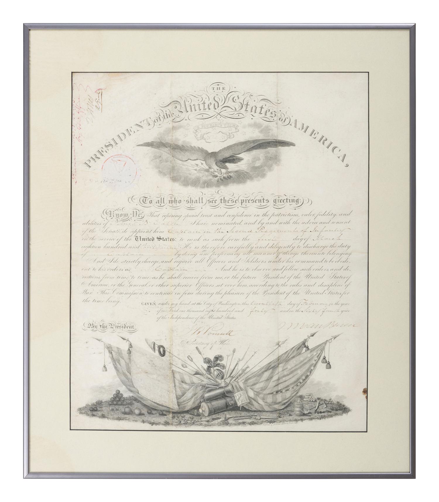 VAN BUREN, Martin (1782-1862). Partly-printed document signed ("M. Van Buren"), as President, countersigned by Joel R. Poinsett as Secretary of War, 20 February 1840.