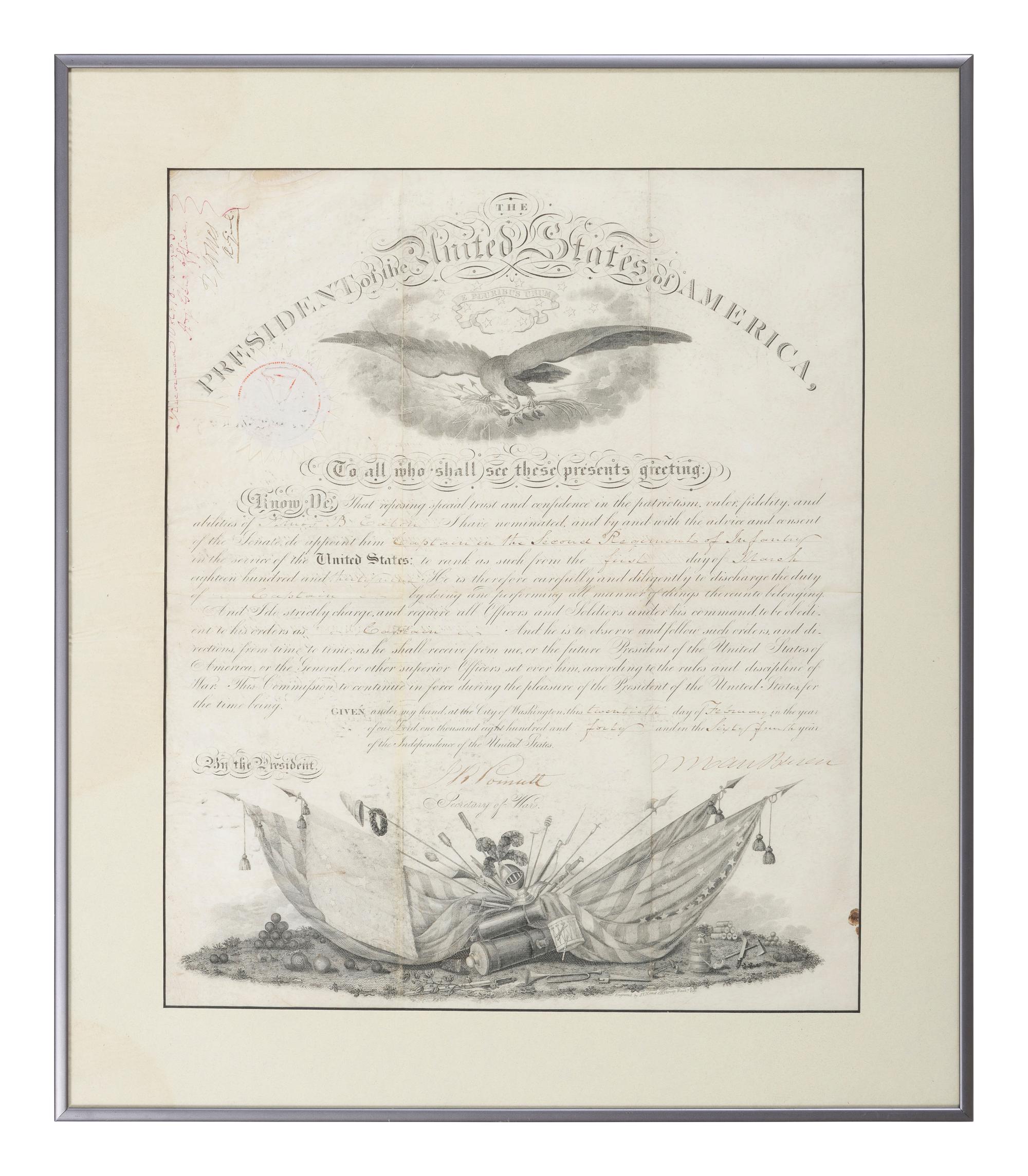VAN BUREN, Martin (1782-1862). Partly-printed document signed ("M. Van Buren"), as President, countersigned by Joel R. Poinsett as Secretary of War, 20 February 1840.