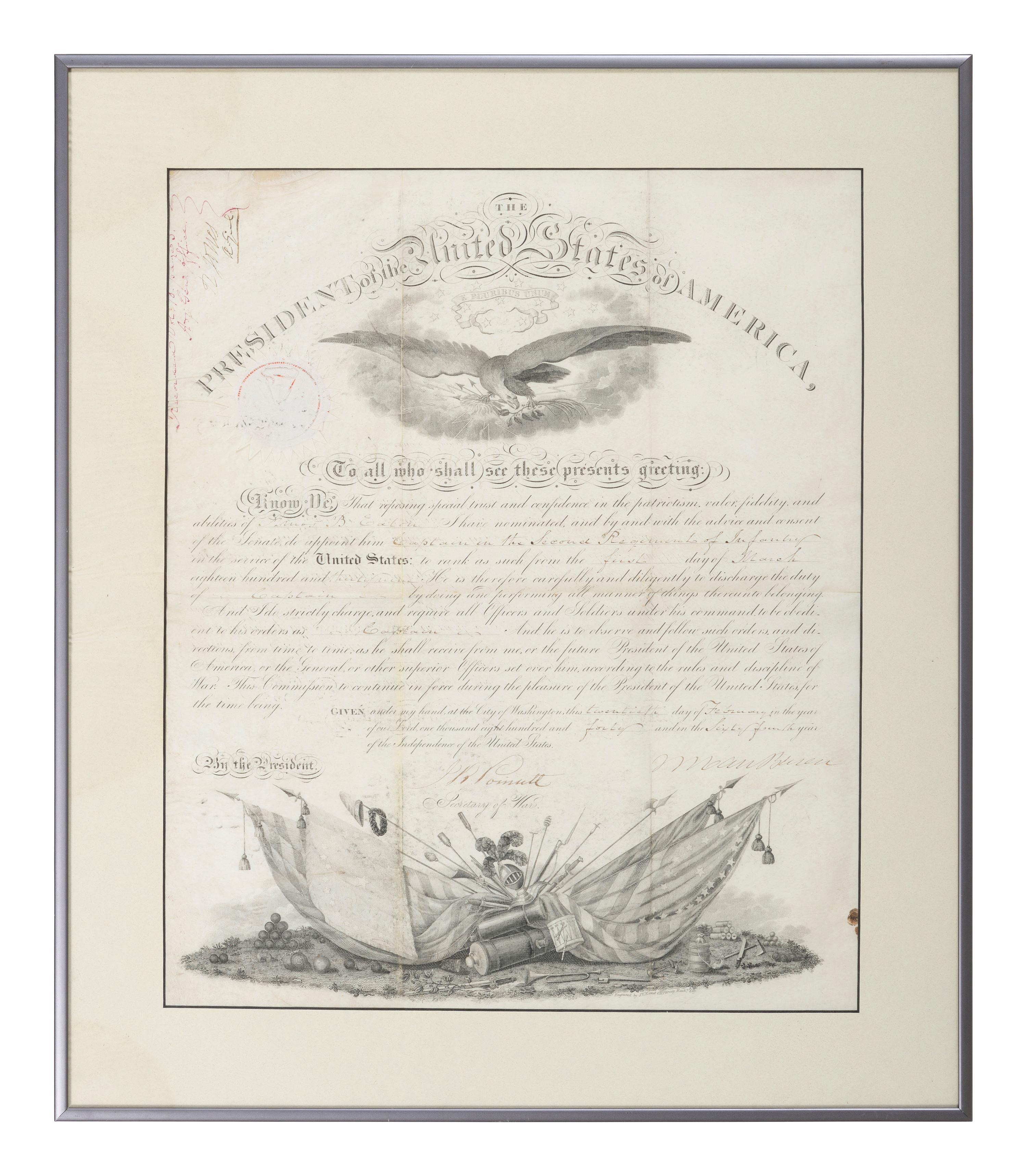 VAN BUREN, Martin (1782-1862). Partly-printed document signed ("M. Van Buren"), as President, countersigned by Joel R. Poinsett as Secretary of War, 20 February 1840.