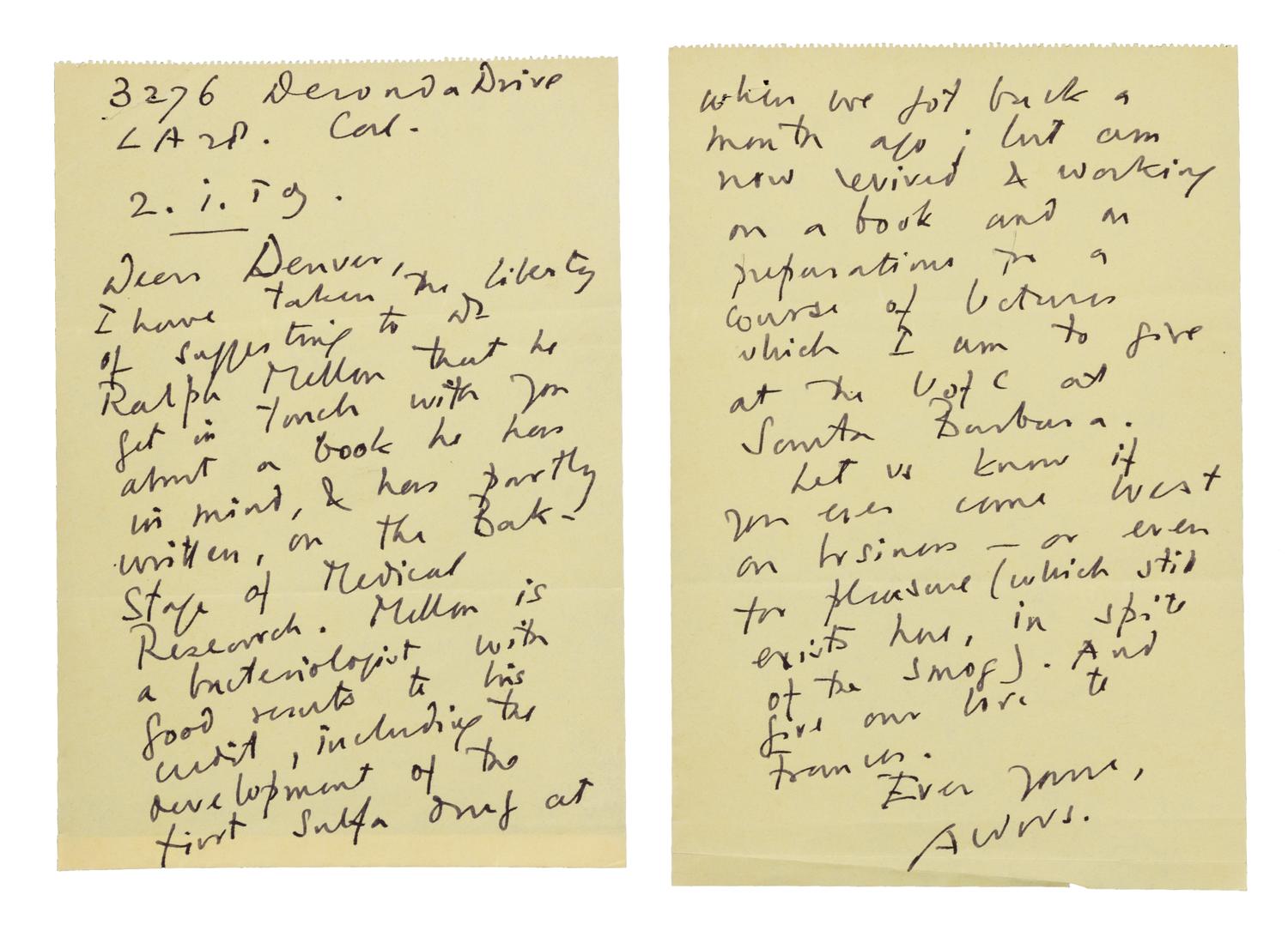HUXLEY, Aldous (1894-1963). Autograph letter signed ("Aldous"), to Denver. Los Angeles, 2 January 1959.