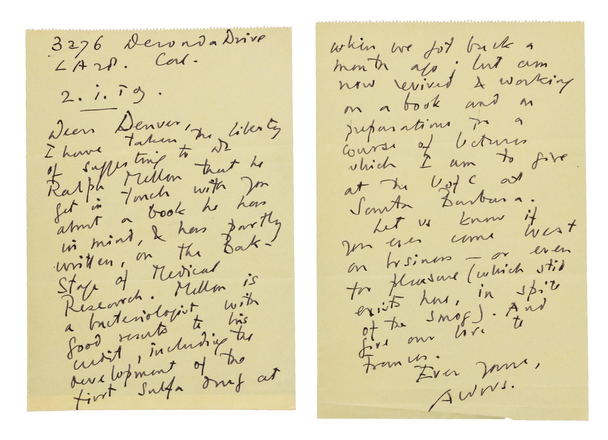 HUXLEY, Aldous (1894-1963). Autograph letter signed ("Aldous"), to Denver. Los Angeles, 2 January 1959.