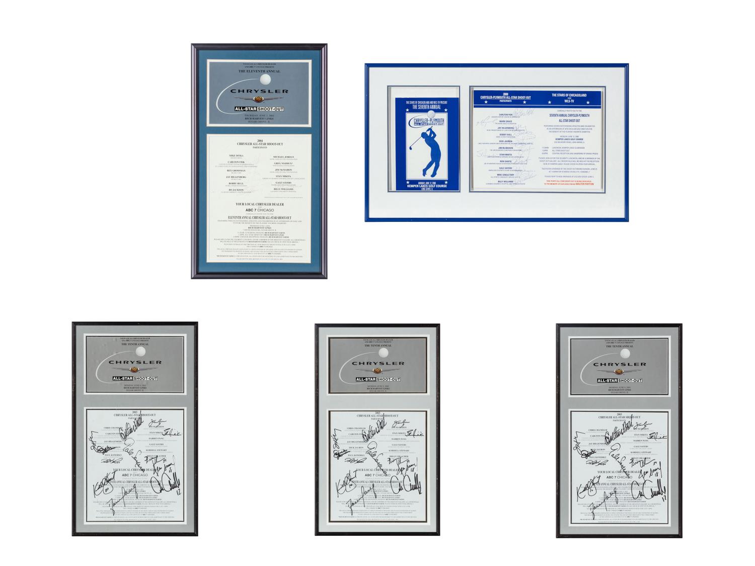 A Collection of Five Framed Chrysler Golf Shootout Signed Autograph Invitations Including Michael Jordan