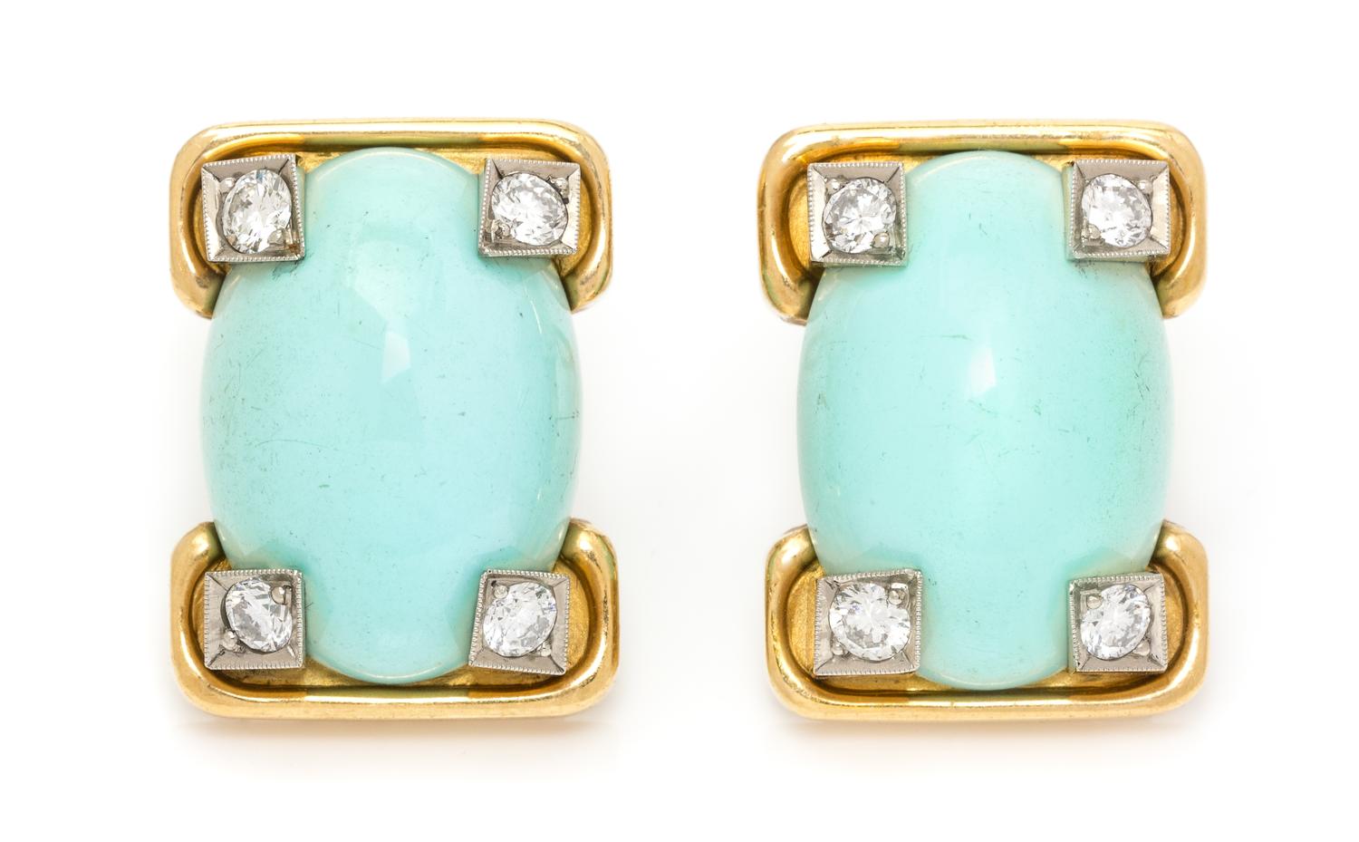 A Pair of 18 Karat Yellow Gold, Platinum, Turquoise and Diamond Earclips, 19.30 dwts.