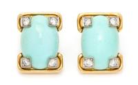 A Pair of 18 Karat Yellow Gold, Platinum, Turquoise and Diamond Earclips, 19.30 dwts.