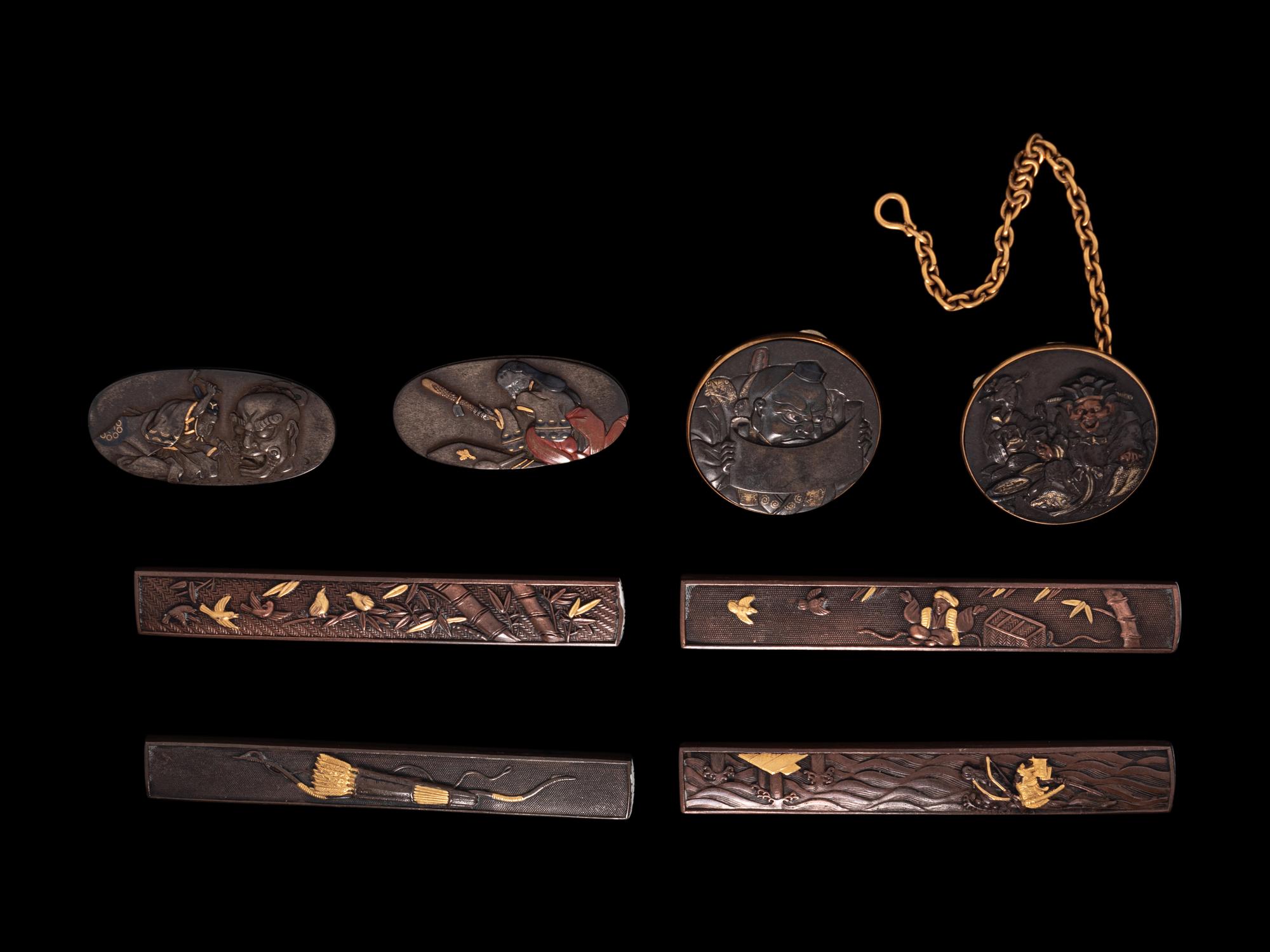 Eight Japanese Mixed-Metal Sword Fittings and Netsuke