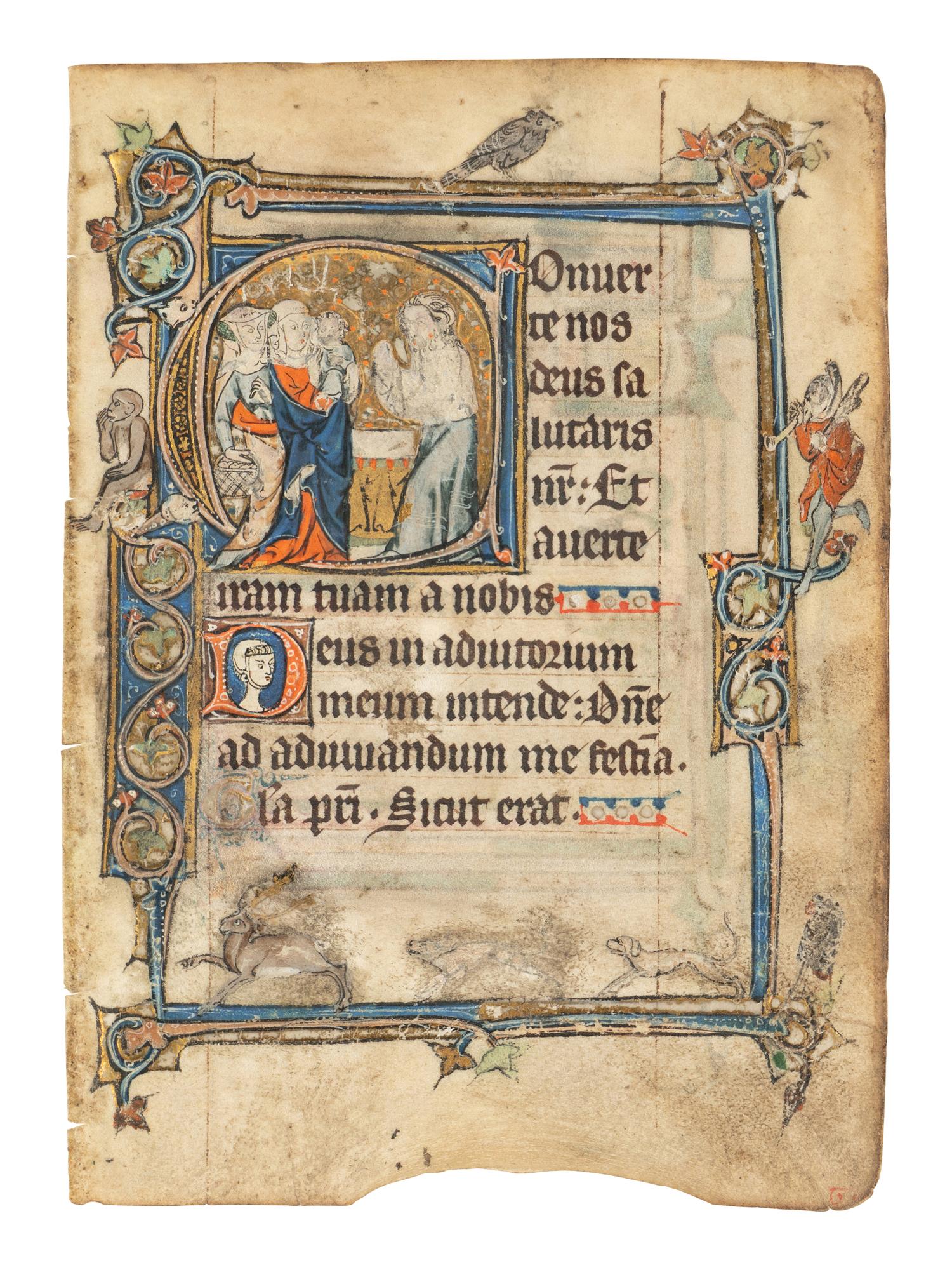 SOUTHERN NETHERLANDISH ILLUMINATOR Leaf from the Ghistelles Hours with a historiated initial ‘C’, depicting the Presentation in the Temple, in Latin, illuminated manuscript on parchment [Southern Netherlands, ca. 1300]
