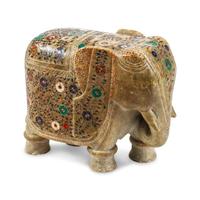 A Carved Marble and Semiprecious Stone-Inlaid Elephant