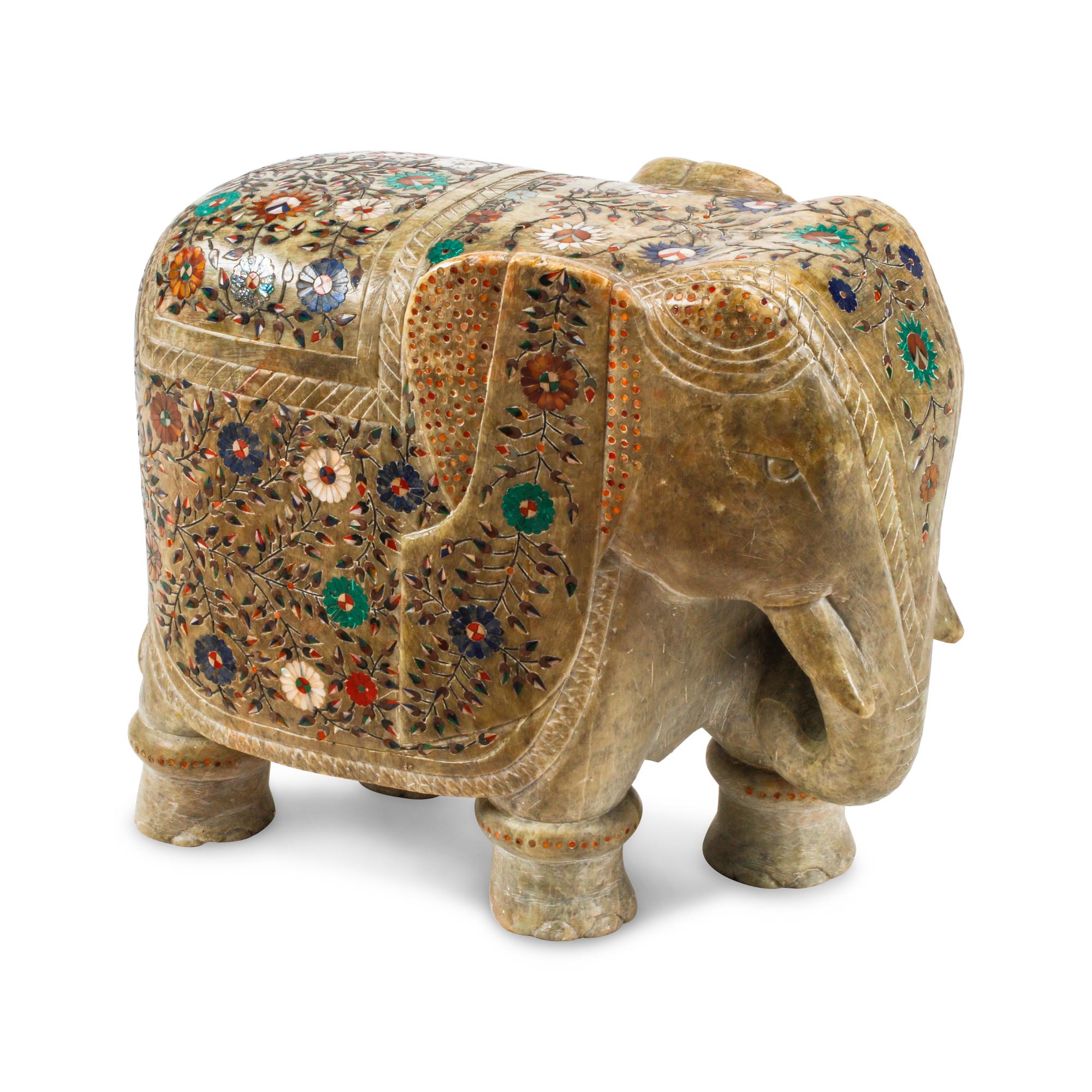 A Carved Marble and Semiprecious Stone-Inlaid Elephant