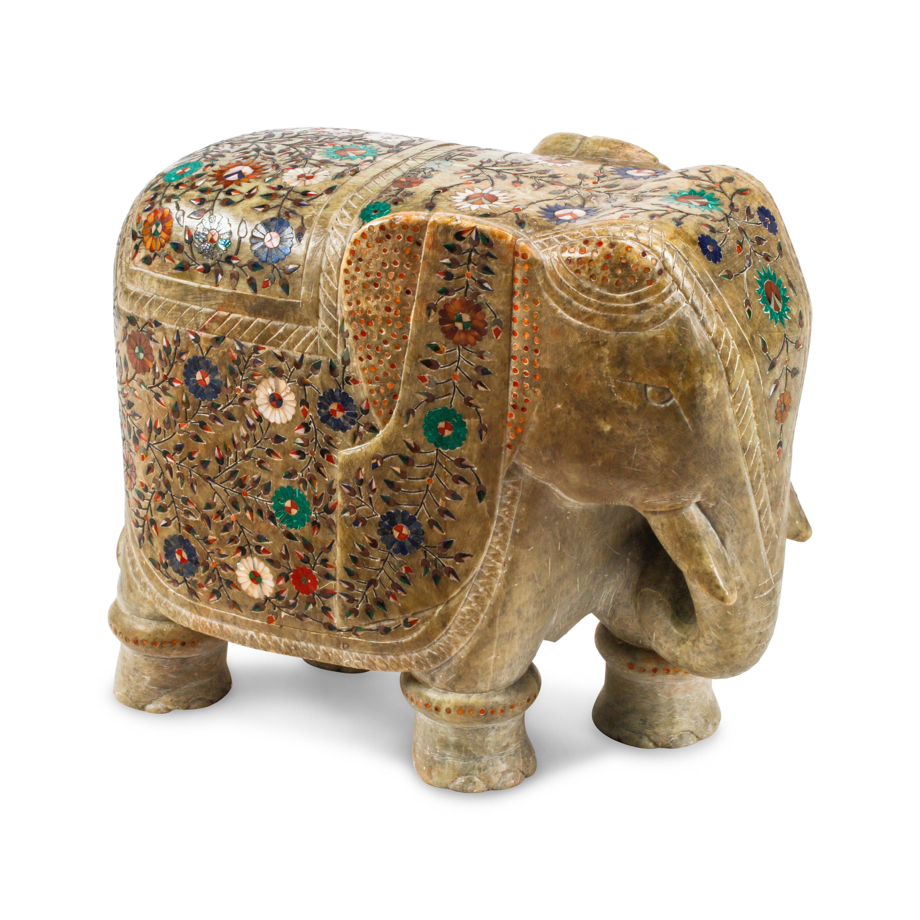 A Carved Marble and Semiprecious Stone-Inlaid Elephant