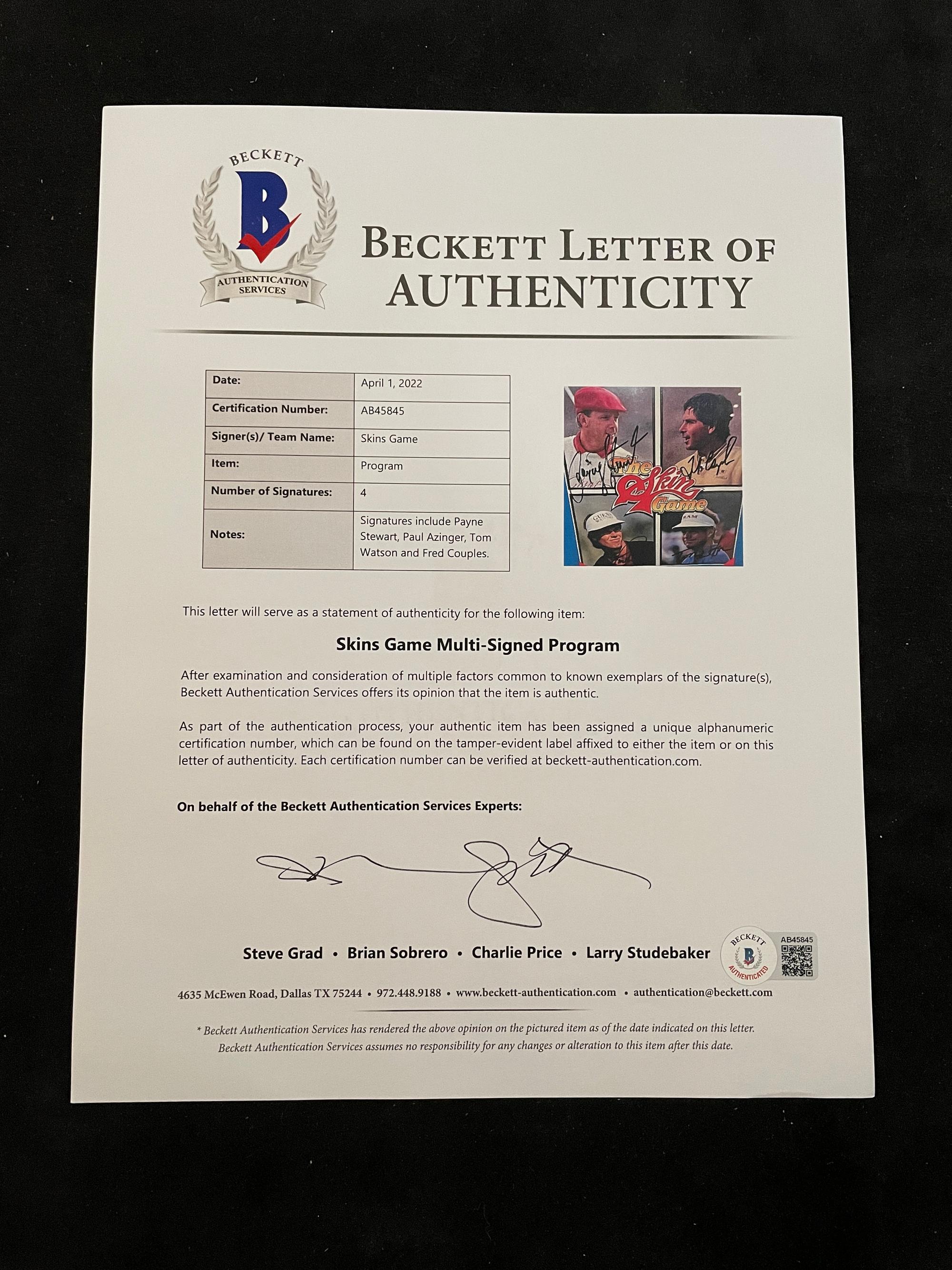 A Multi-Signed Autograph Skins Game Golf Program Including Payne Stewart (Beckett Authentication Services Letter BAS Certified)