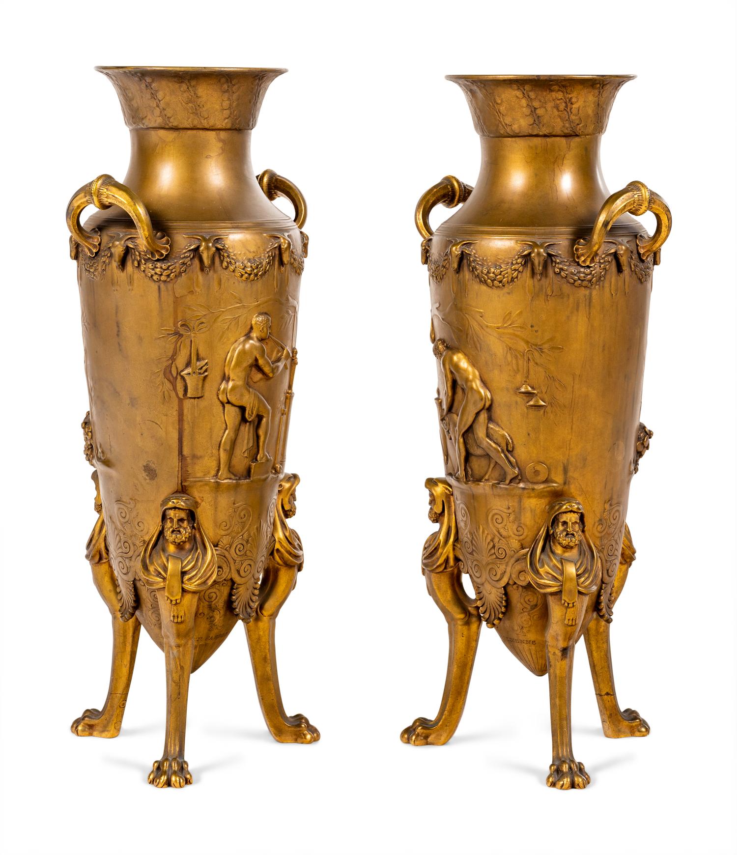 A Pair of French Gilt Bronze Tripod Vases