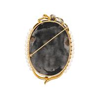 BLACK HARDSTONE, CULTURED PEARL AND DIAMOND CAMEO BROOCH