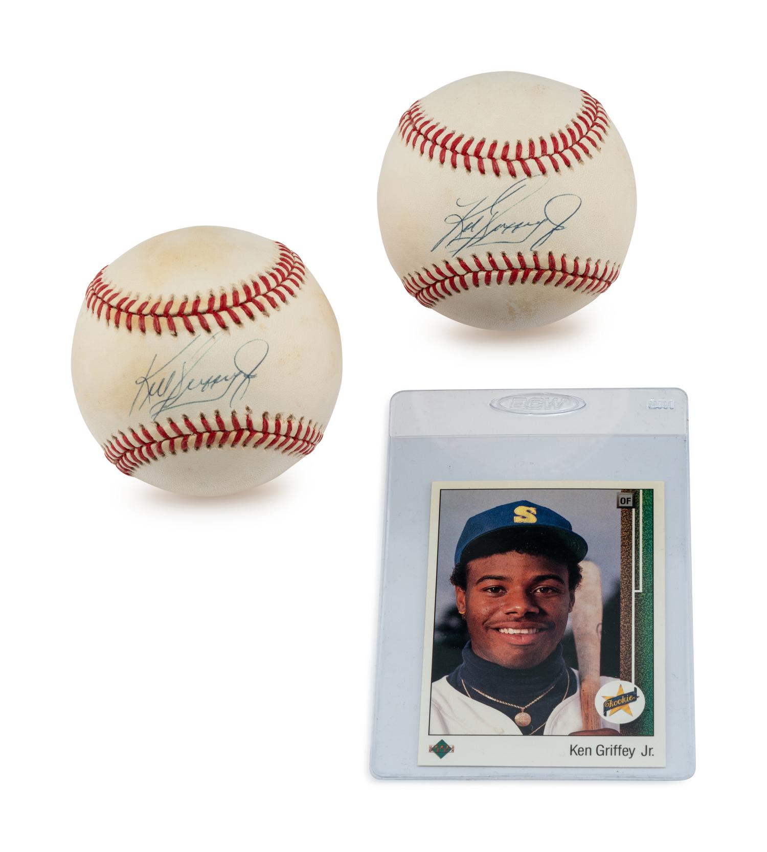 A Group of Two Ken Griffey Jr. Signed Autograph Baseballs (Beckett Authentication Services) and 1989 Upper Deck Rookie Baseball Card No. 1.