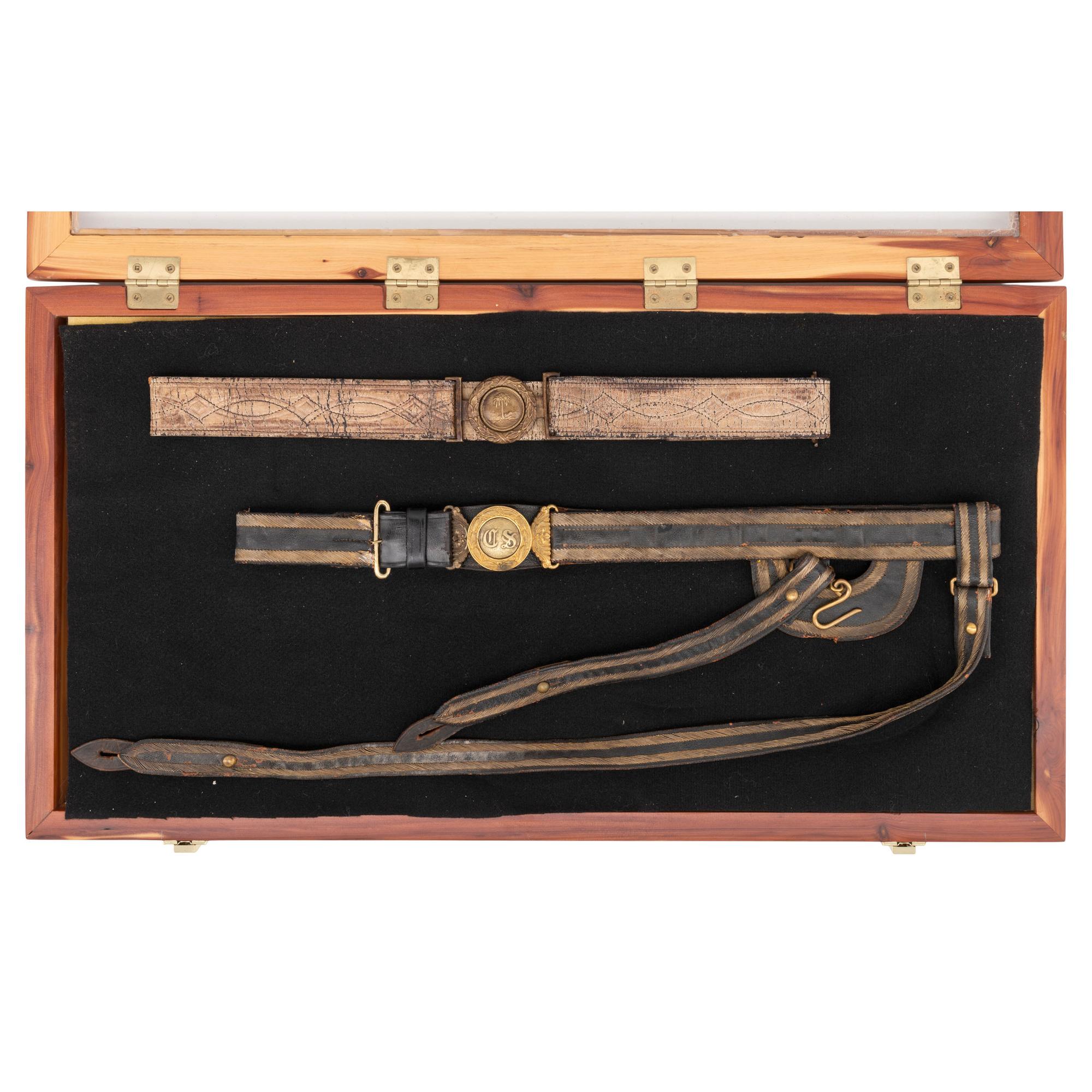 Display Case with Two 19th Century Military Belts with High Quality Replica CS Belt Plates