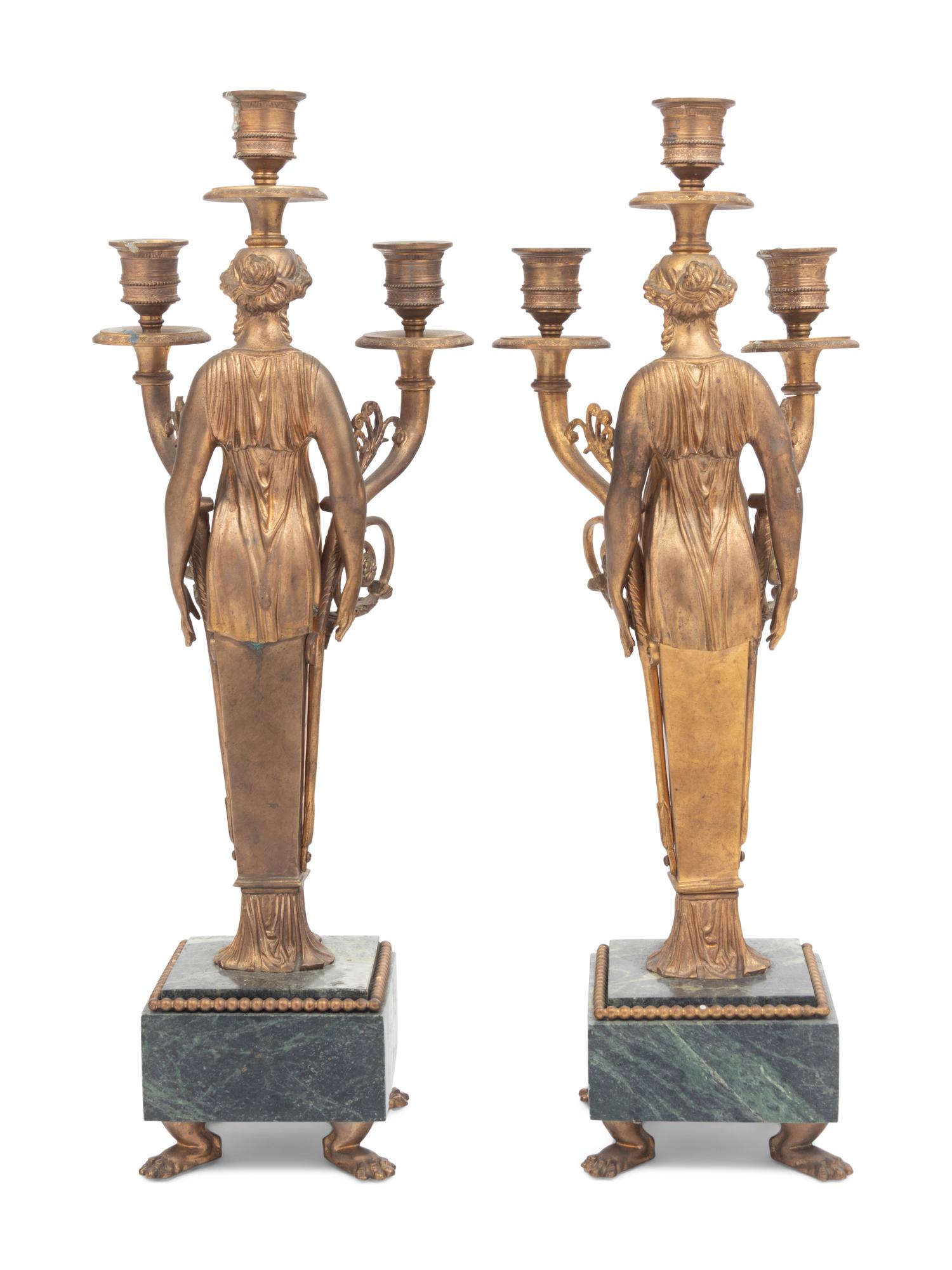 A Pair of Gilt Bronze and Marble Figural Three-Light Candelabra