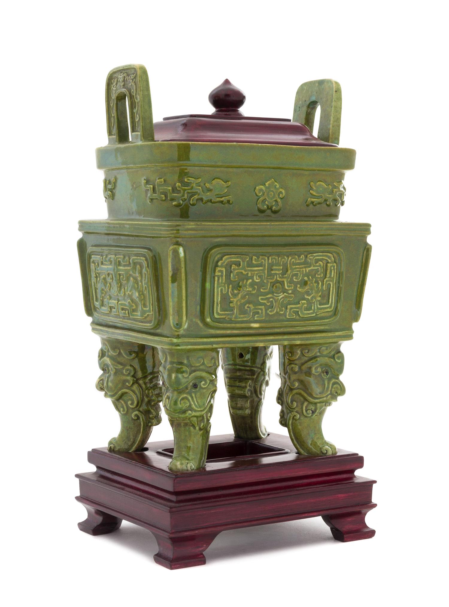 A Green Glazed Porcelain Archaistic Vessel, Fang Ding Height 8 7/8 inches. — 19TH/20TH CENTURY
