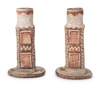 Pair of Zuni Figural Polychrome Pottery Candlesticks