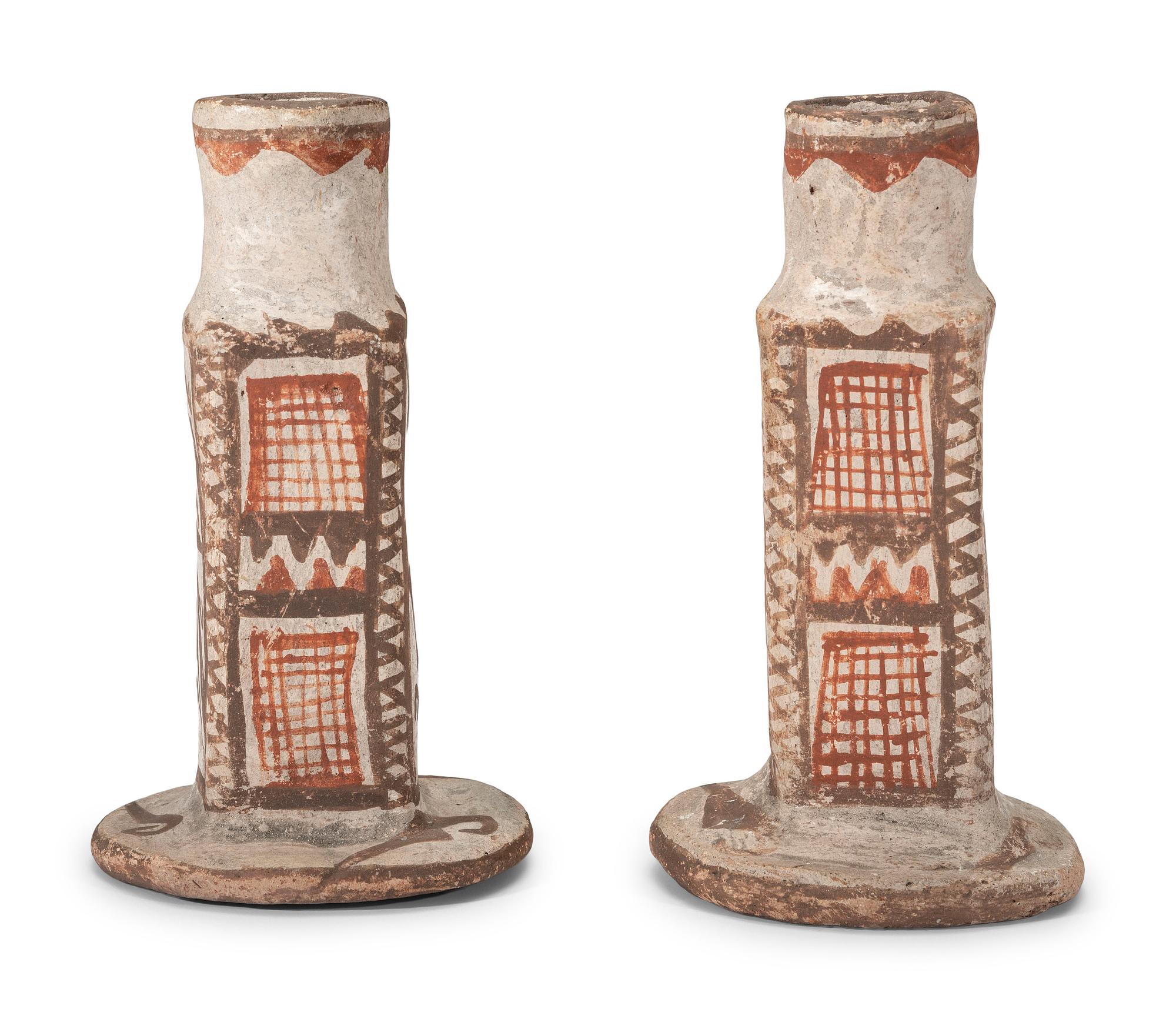 Pair of Zuni Figural Polychrome Pottery Candlesticks