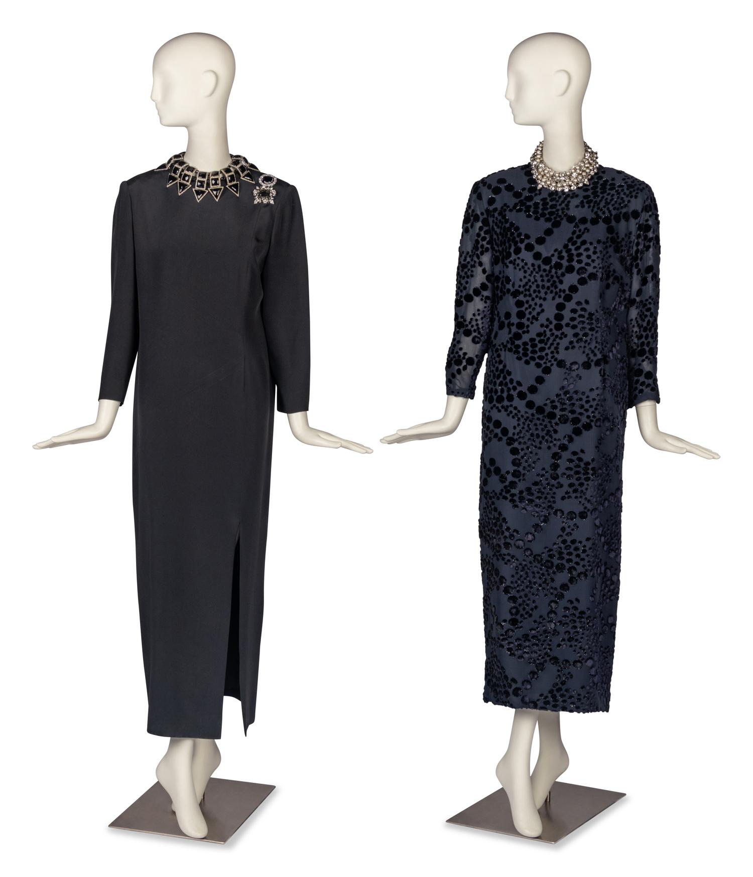 Two Designer Dresses with Two Brooches and Two Necklaces