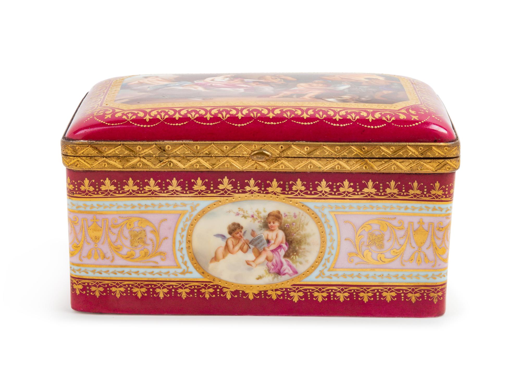A Vienna Gilt Metal Mounted, Painted and Parcel Gilt Porcelain Table Casket
