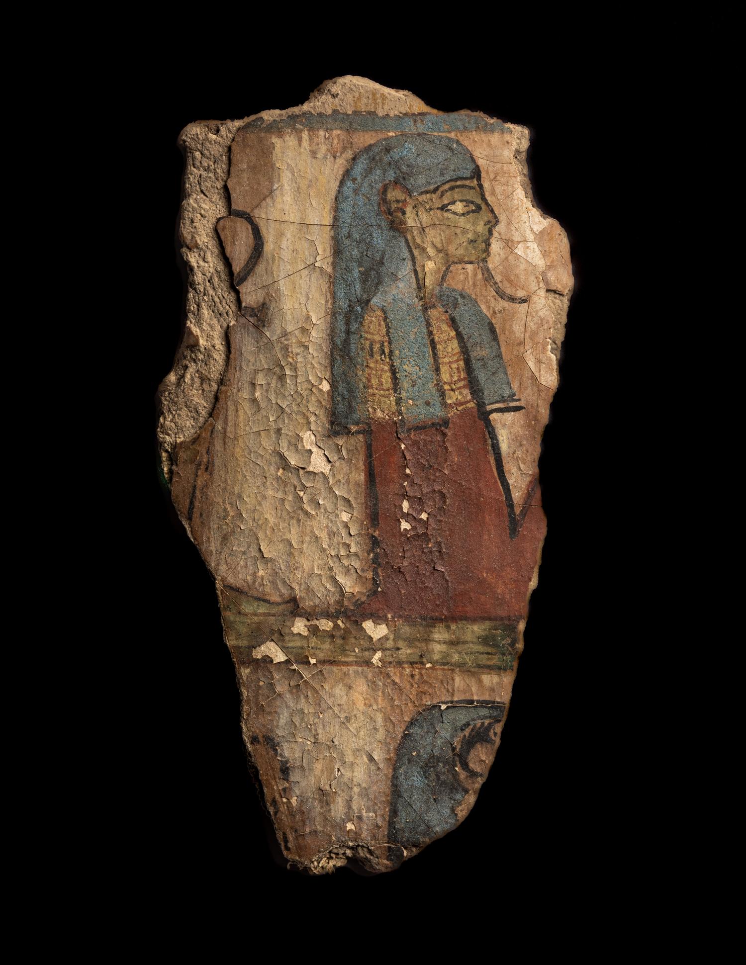 An Egyptian Painted Cartonnage Fragment with Scene of Kneeling Deities