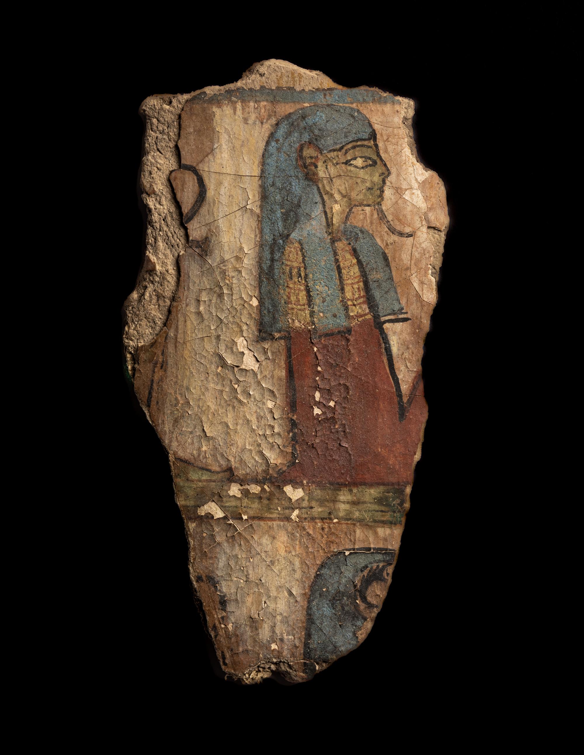 An Egyptian Painted Cartonnage Fragment with Scene of Kneeling Deities