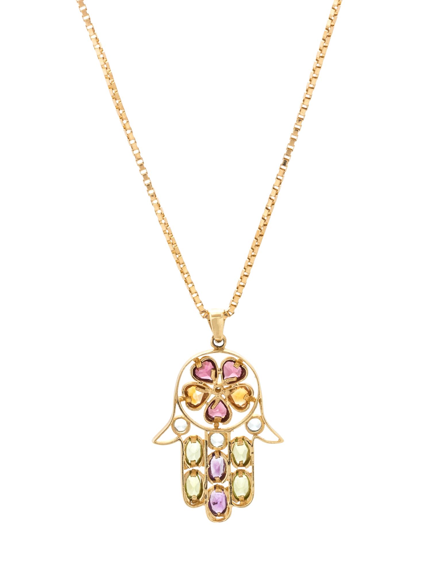 YELLOW GOLD AND MULTIGEM HAMSA PENDANT/NECKLACE