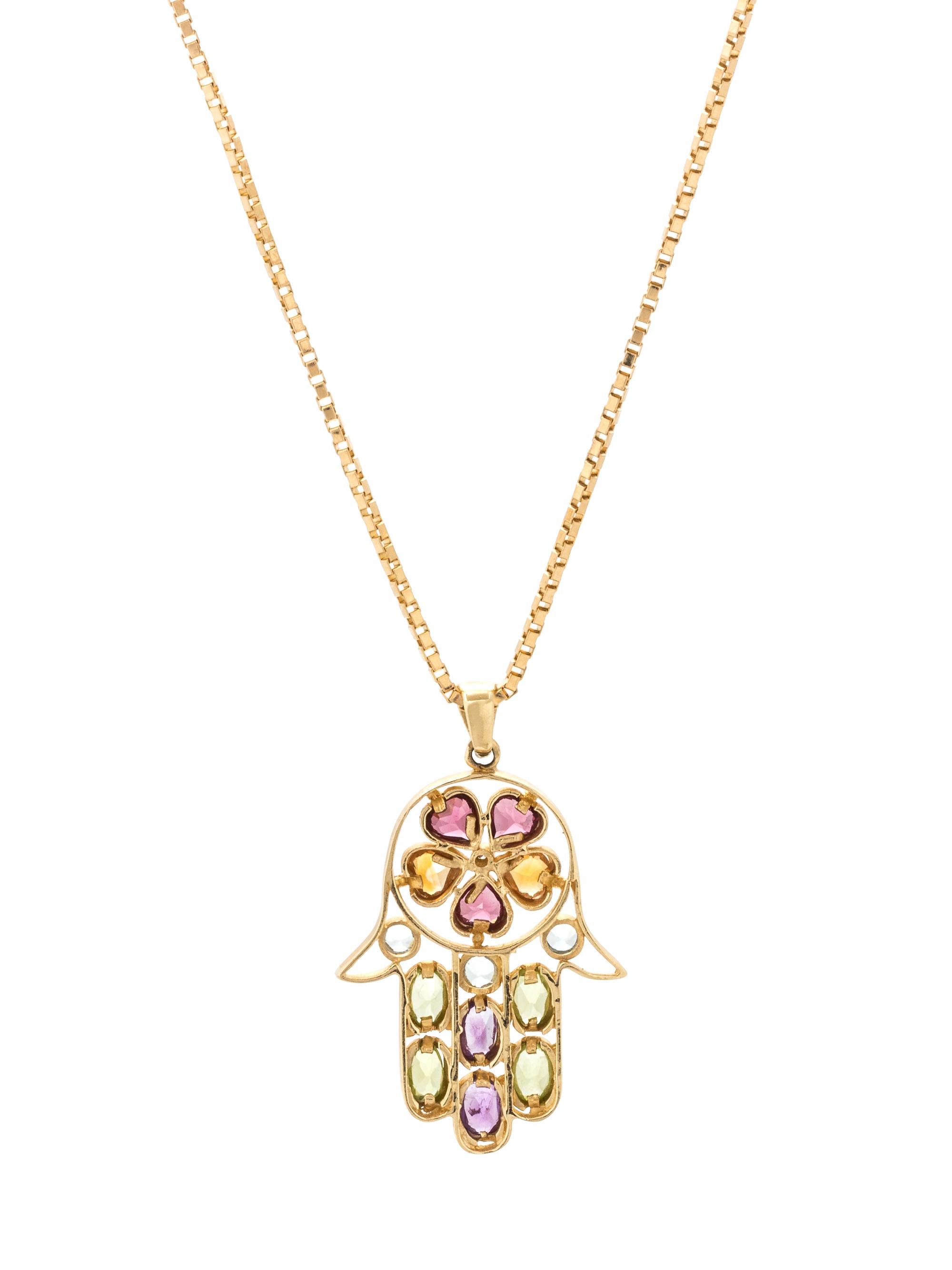YELLOW GOLD AND MULTIGEM HAMSA PENDANT/NECKLACE