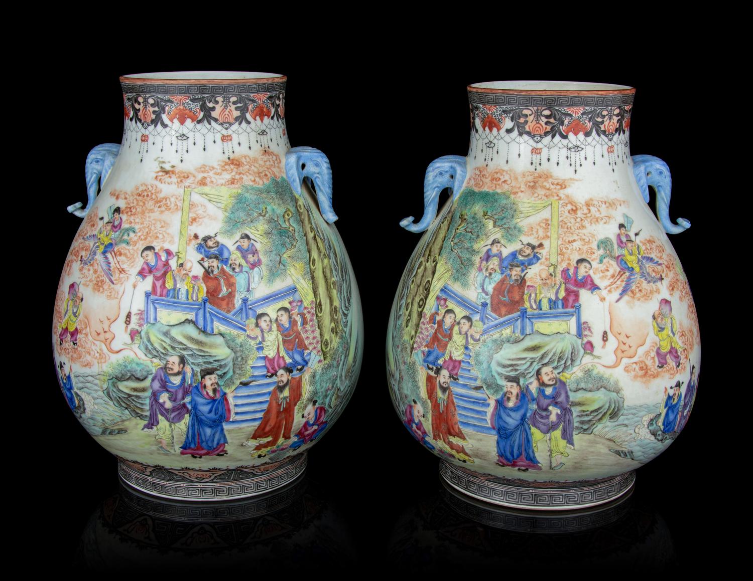 A Pair of Famille Rose Porcelain Zun Vases