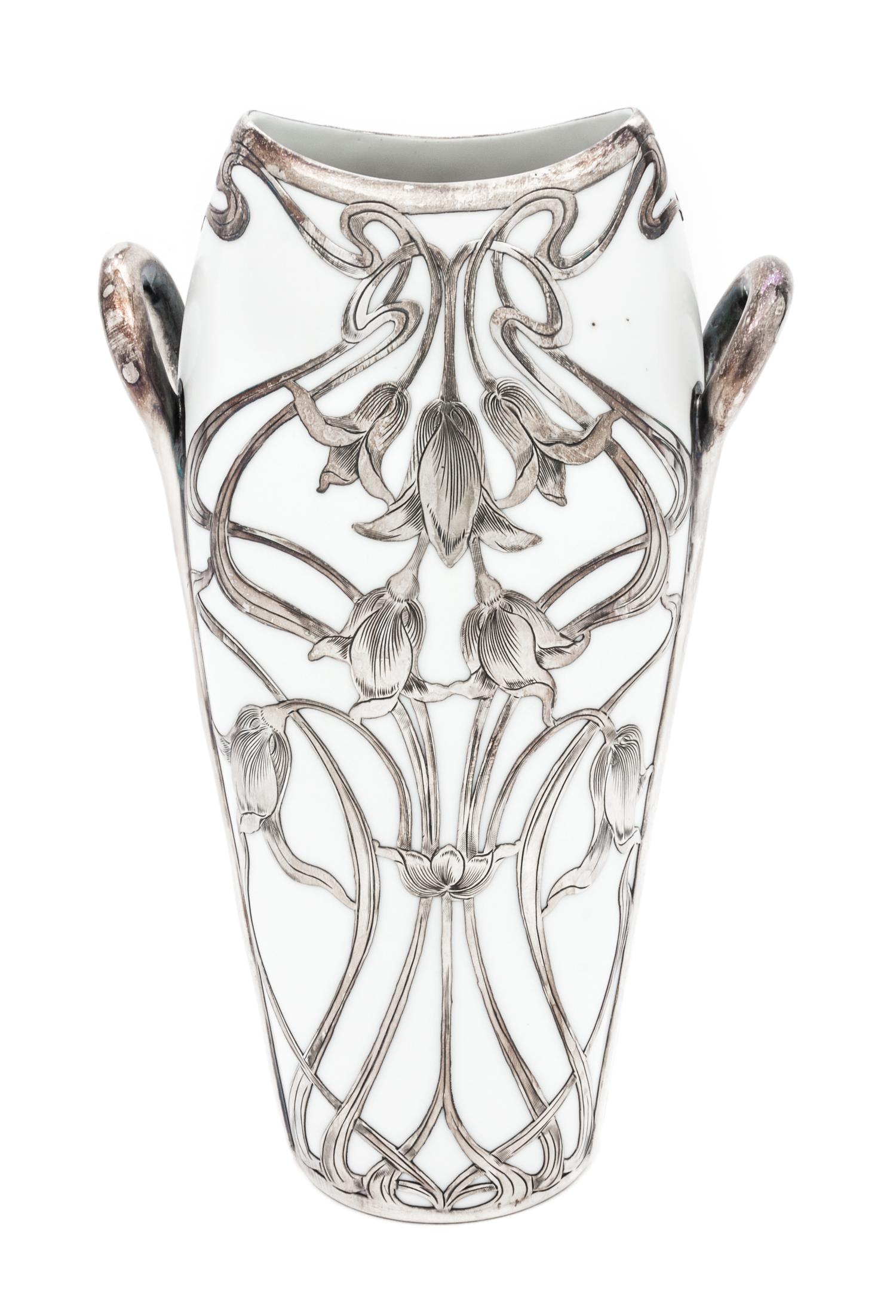 An Art Nouveau Rudolstadt Silver Overlay Porcelain Vase Height 9 1/2 inches.