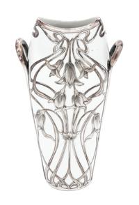 An Art Nouveau Rudolstadt Silver Overlay Porcelain Vase Height 9 1/2 inches.