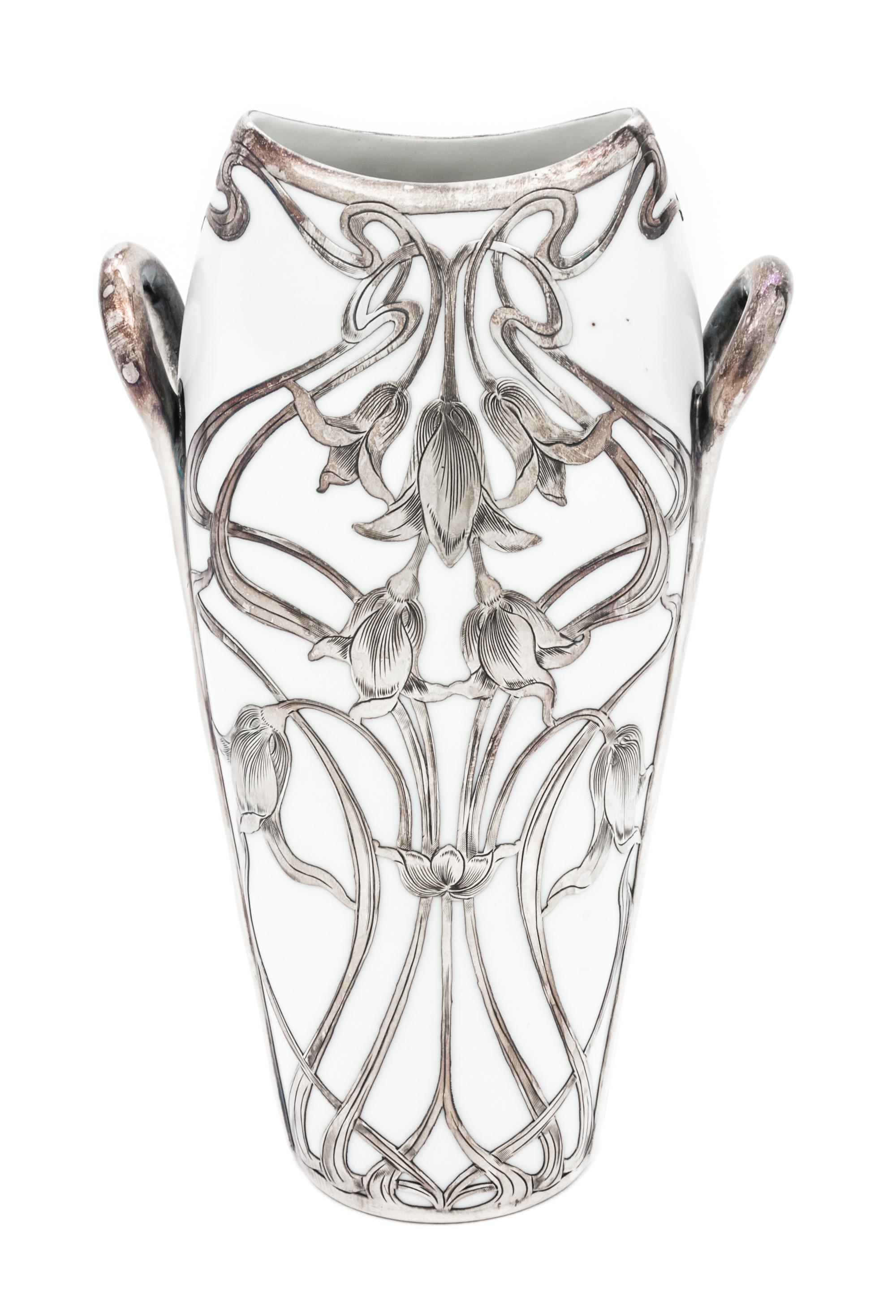 An Art Nouveau Rudolstadt Silver Overlay Porcelain Vase Height 9 1/2 inches.