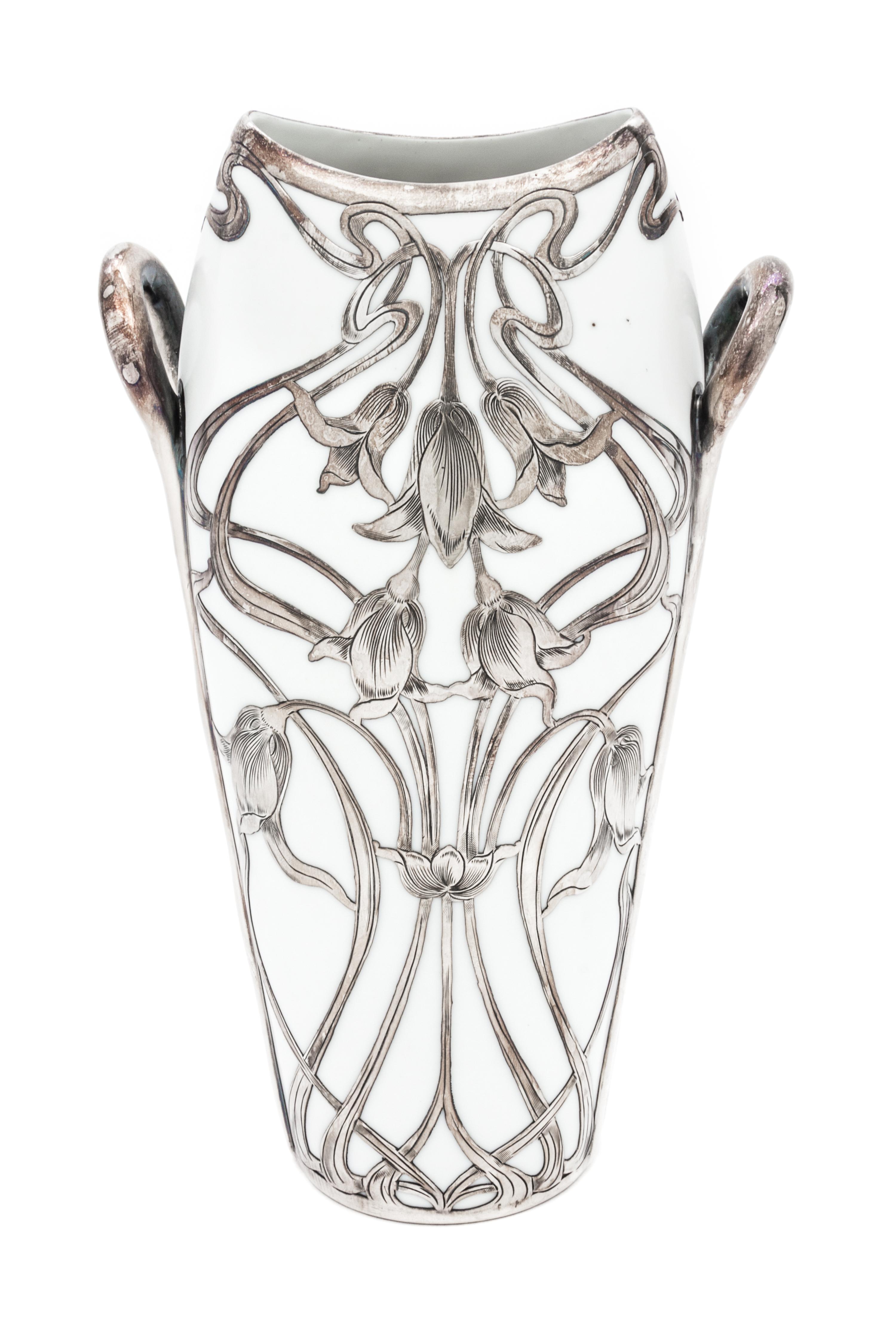 An Art Nouveau Rudolstadt Silver Overlay Porcelain Vase Height 9 1/2 inches.
