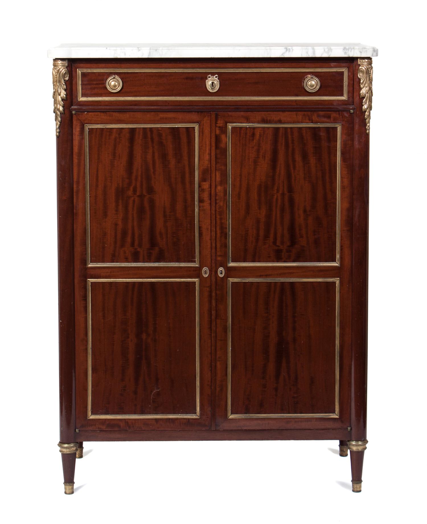 A Louis XVI Style Gilt Bronze Mounted Mahogany Cabinet Height 55 1/4 inches.