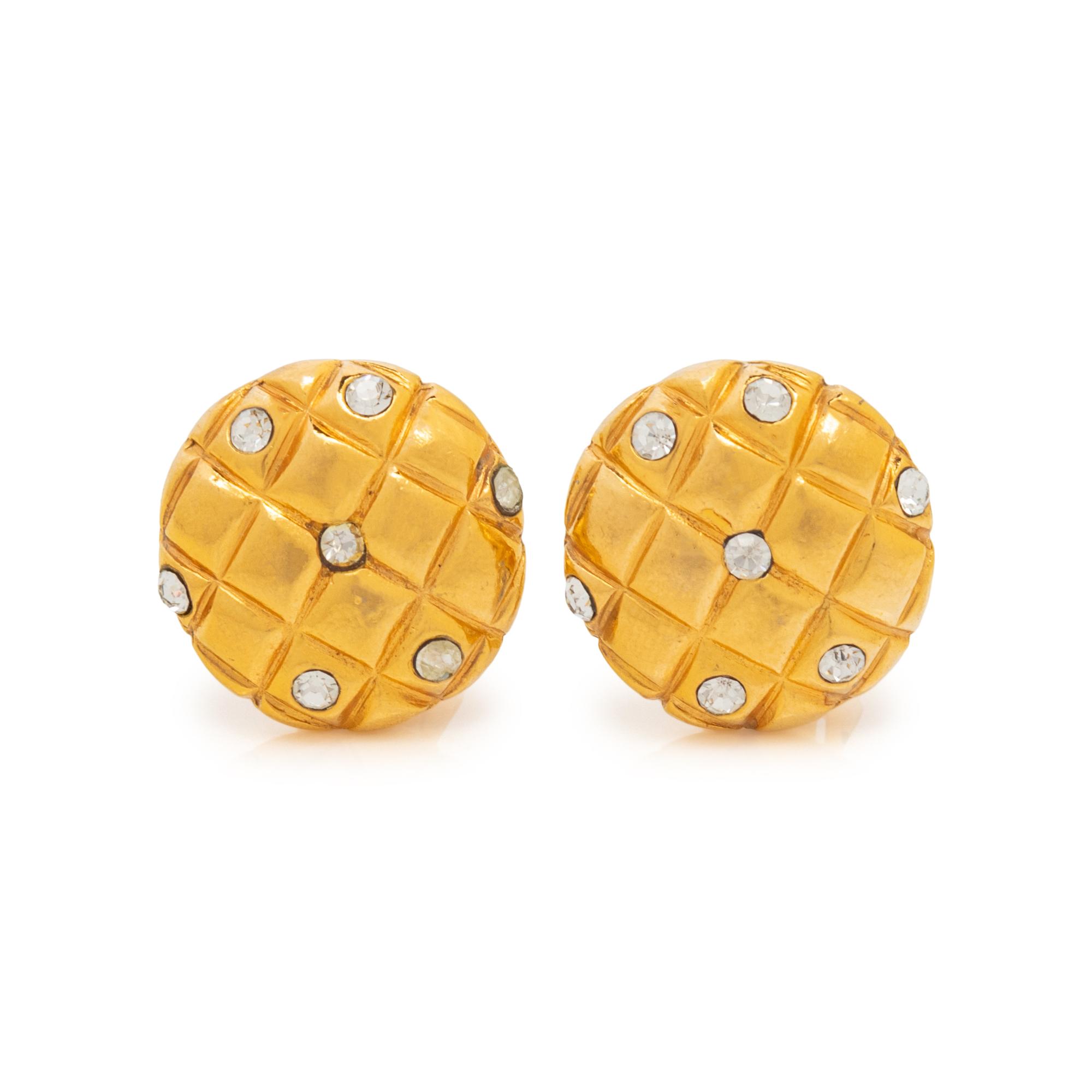 Chanel Gold-Tone Quilted Ear Clips with Rhinestones
