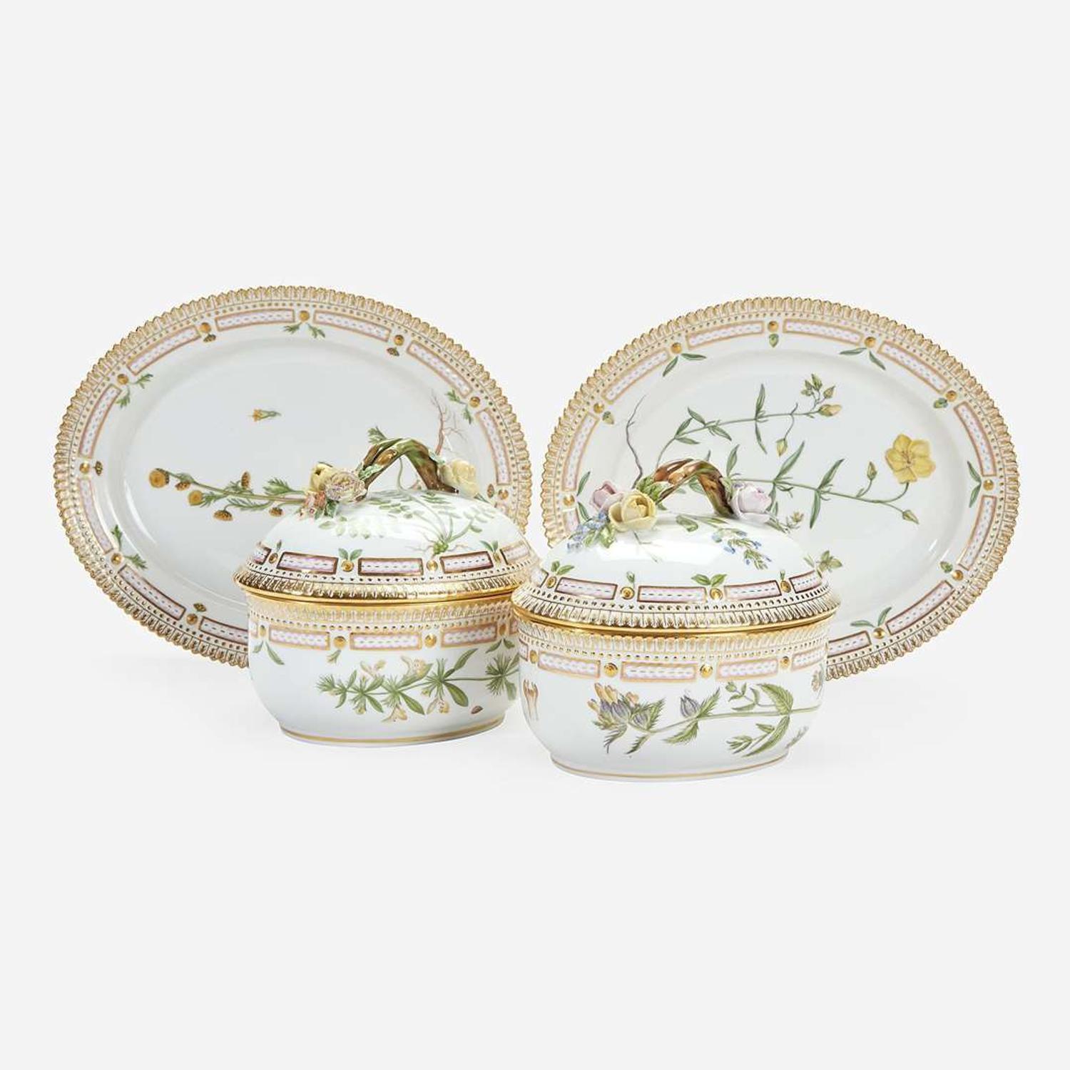 A Pair of Flora Danica Porcelain Small Tureens and Covers and Underplates Modern