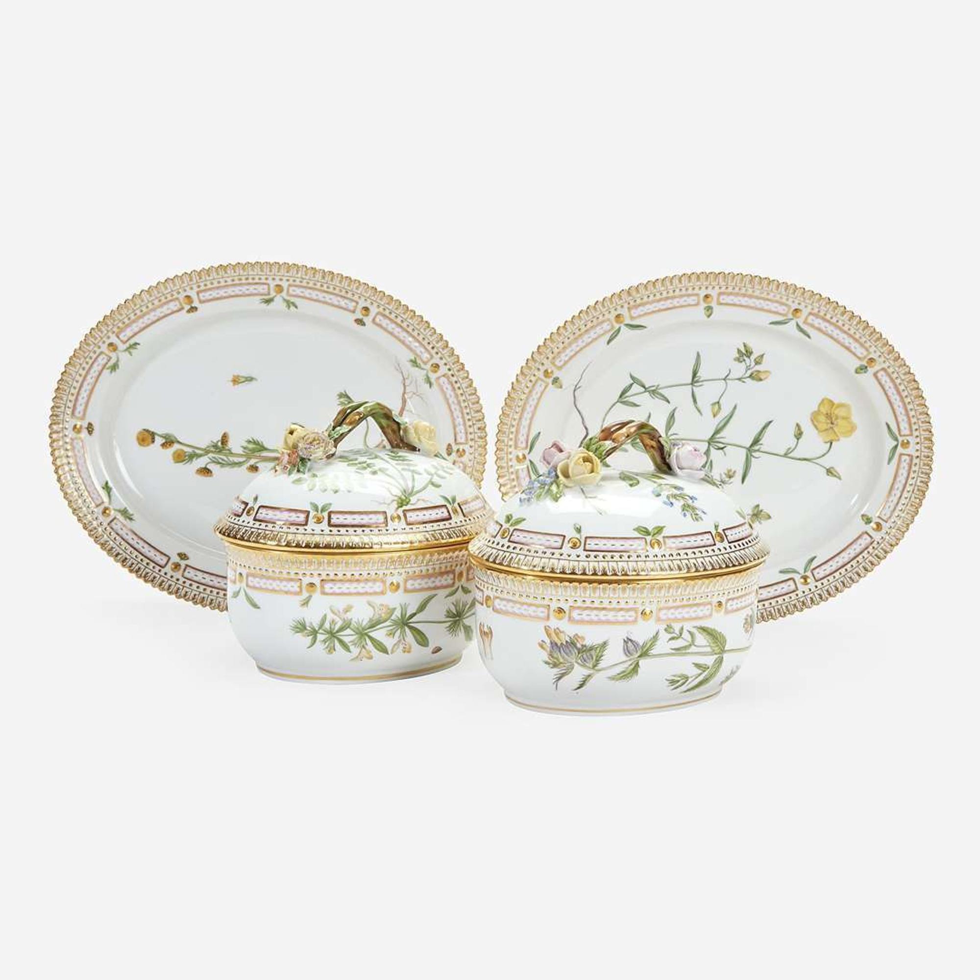 A Pair of Flora Danica Porcelain Small Tureens and Covers and Underplates Modern