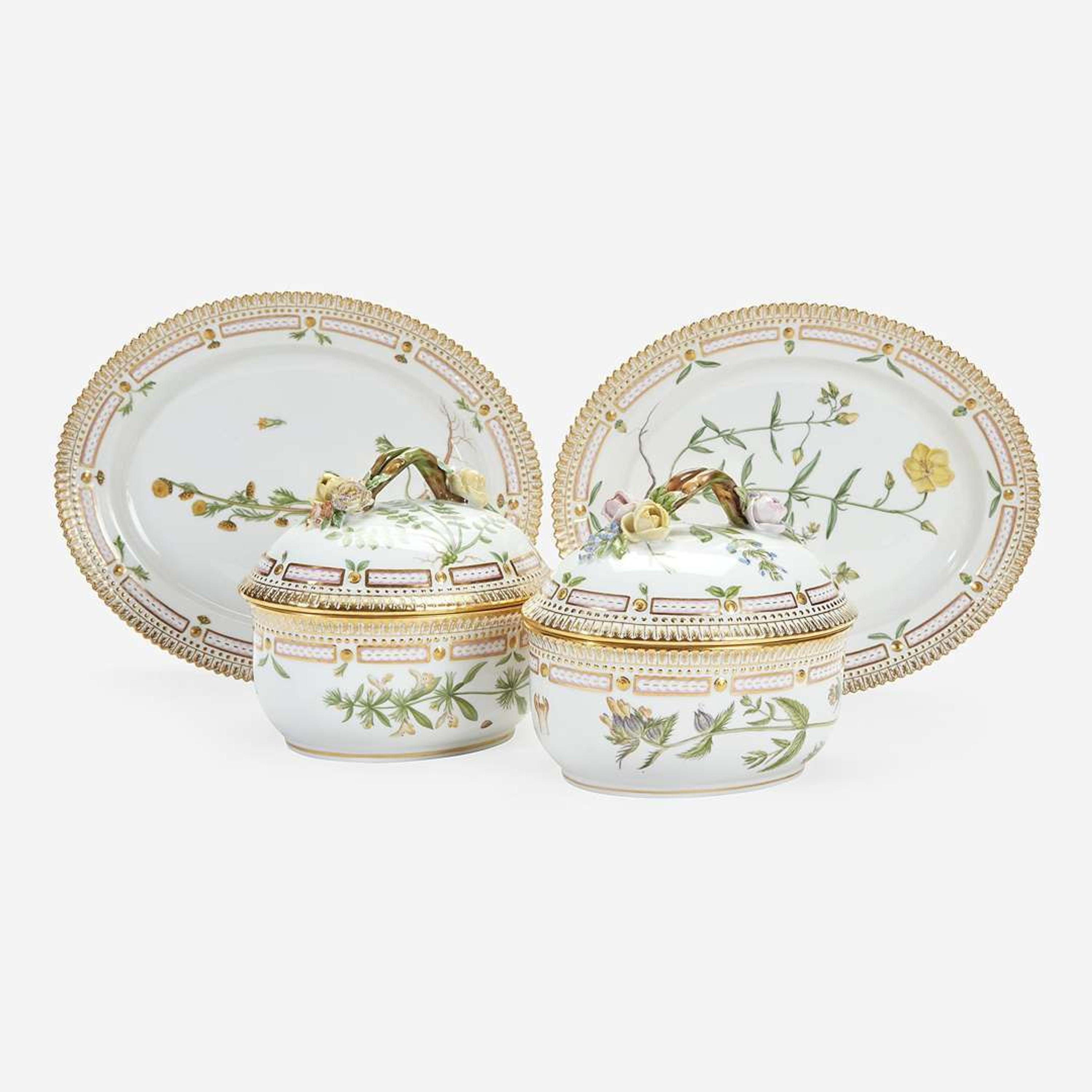 A Pair of Flora Danica Porcelain Small Tureens and Covers and Underplates Modern