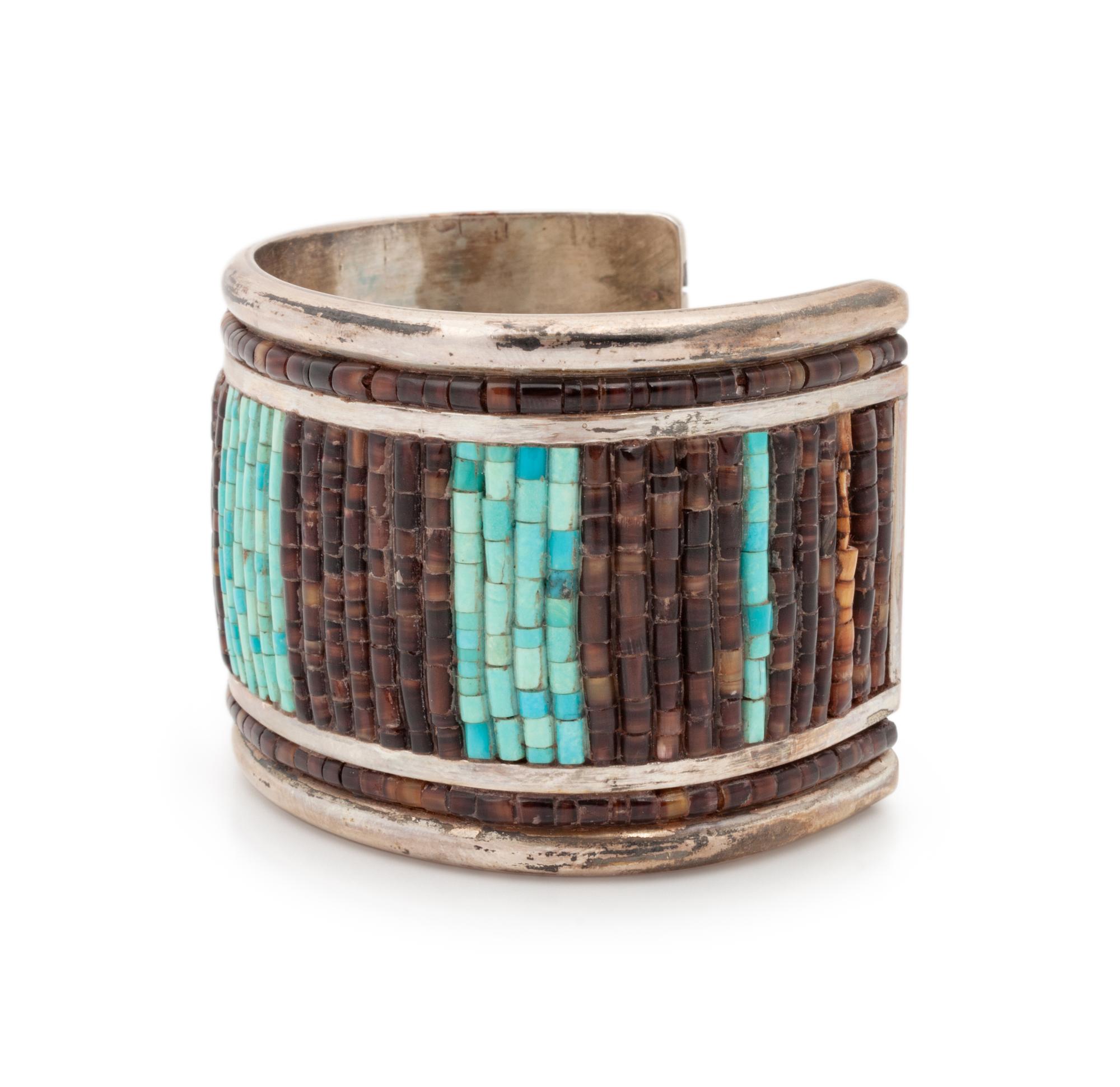 Southwestern Silver Cuff Bracelet, with Rolled Turquoise and Heishi