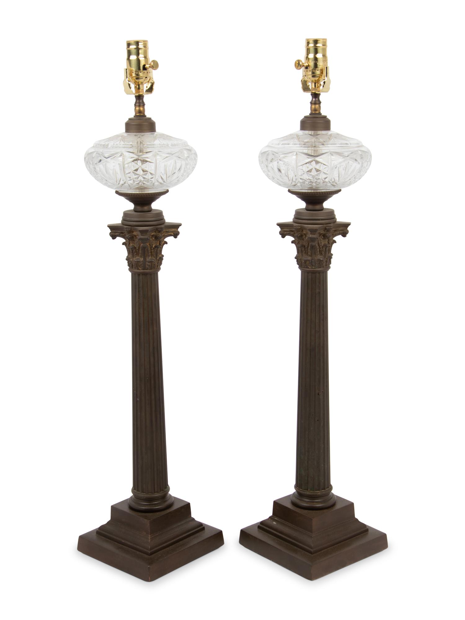 A Pair of Continental Gilt Metal and Cut Glass Fluid Lamps Converted to Electricity