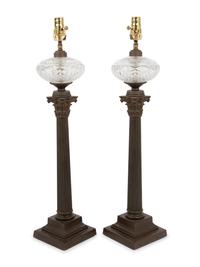 A Pair of Continental Gilt Metal and Cut Glass Fluid Lamps Converted to Electricity