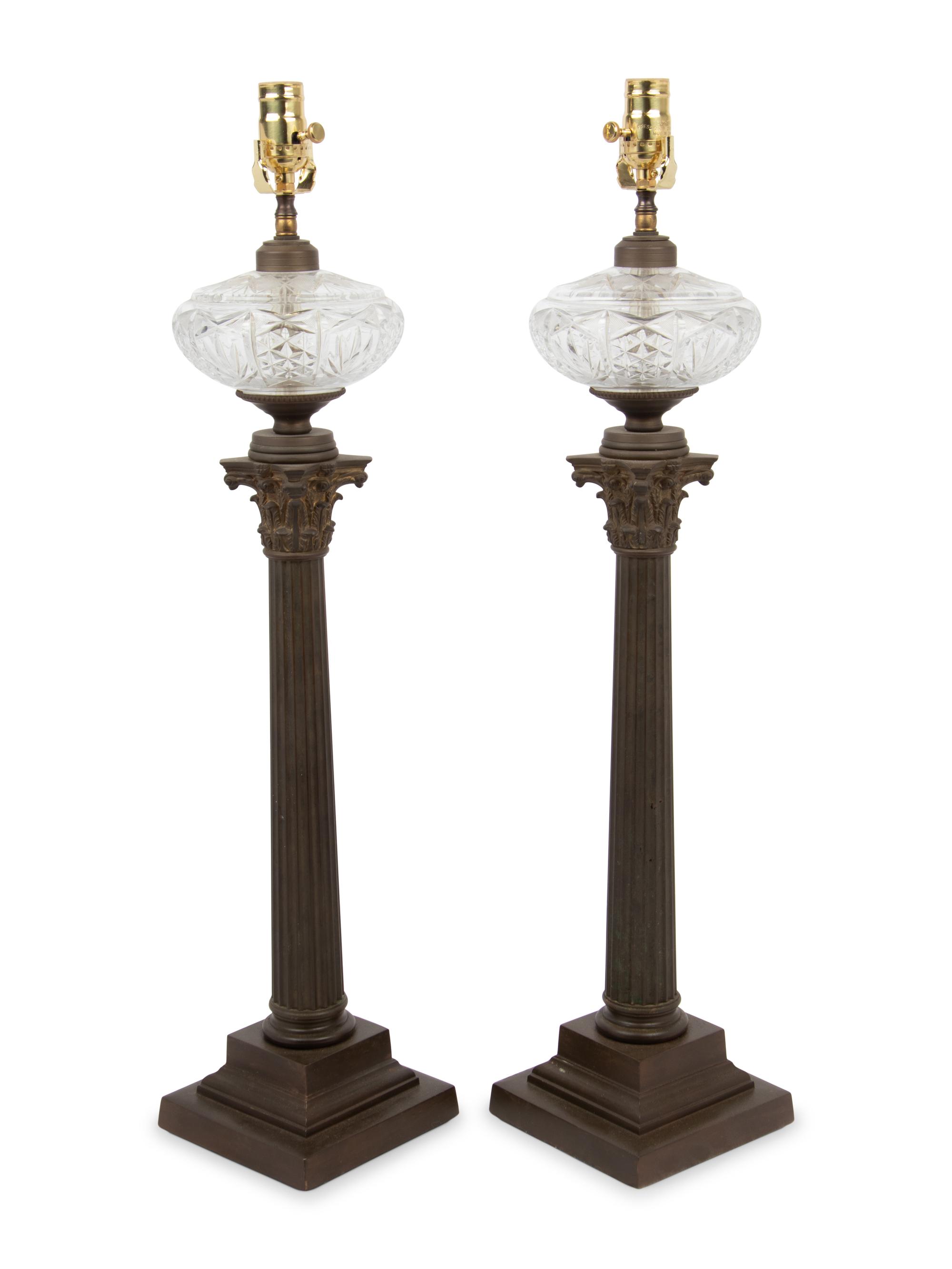 A Pair of Continental Gilt Metal and Cut Glass Fluid Lamps Converted to Electricity