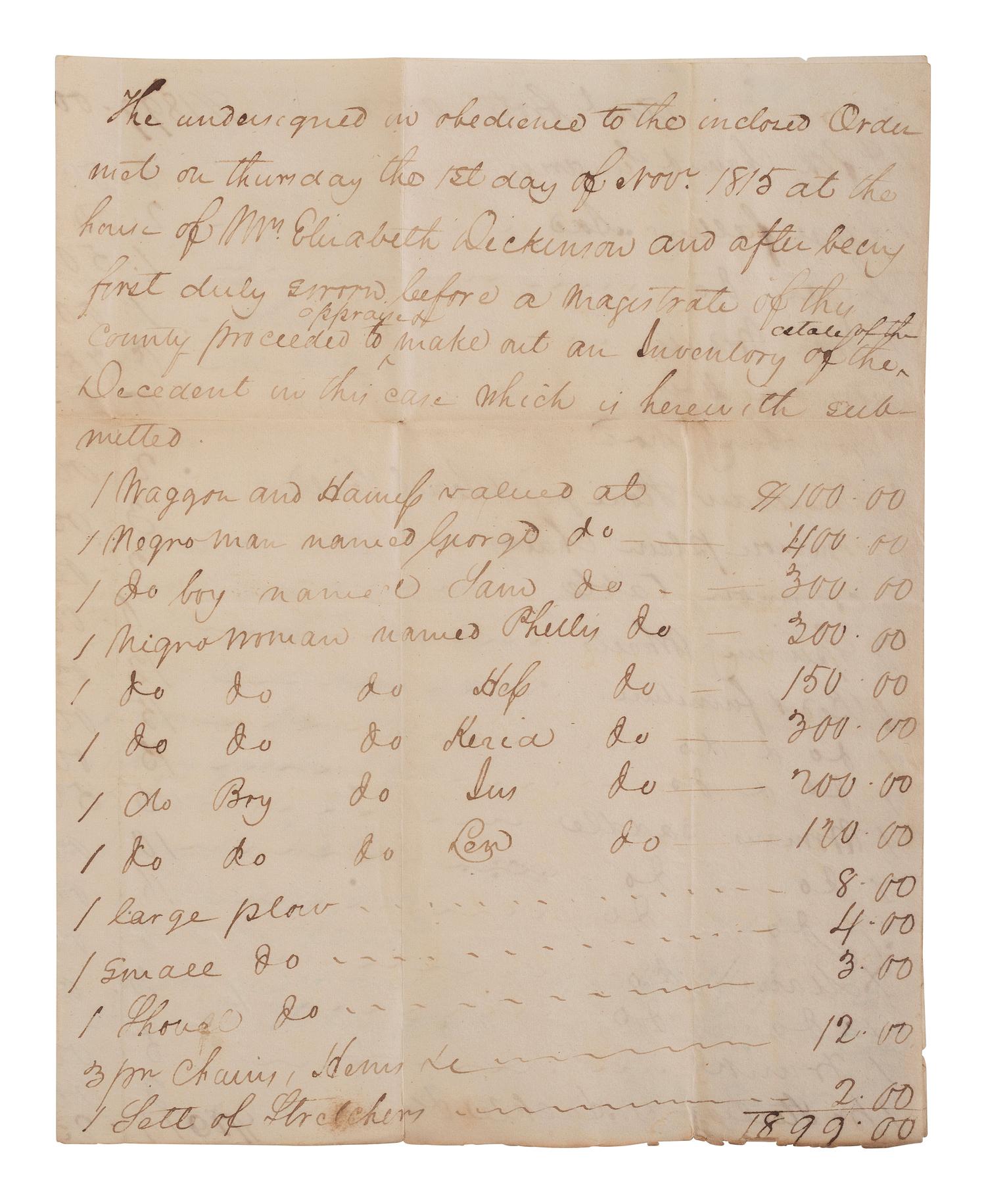 [ENSLAVEMENT & ABOLITION]. A group of 6 estate documents listing individual enslaved persons, most by name. Bourbon County, KY, 1815-1829.