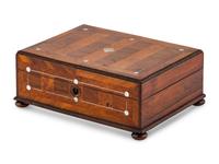 An English Rosewood, Burr Yew and Mother of Pearl Sewing Box