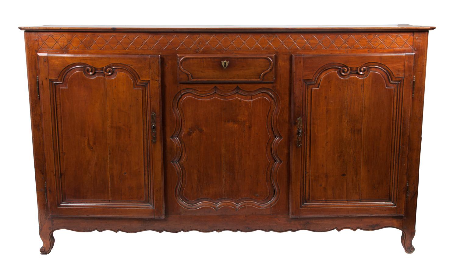 A French Provincial Walnut Sideboard Height 44 1/4 x width 77 x depth 19 1/4 inches.