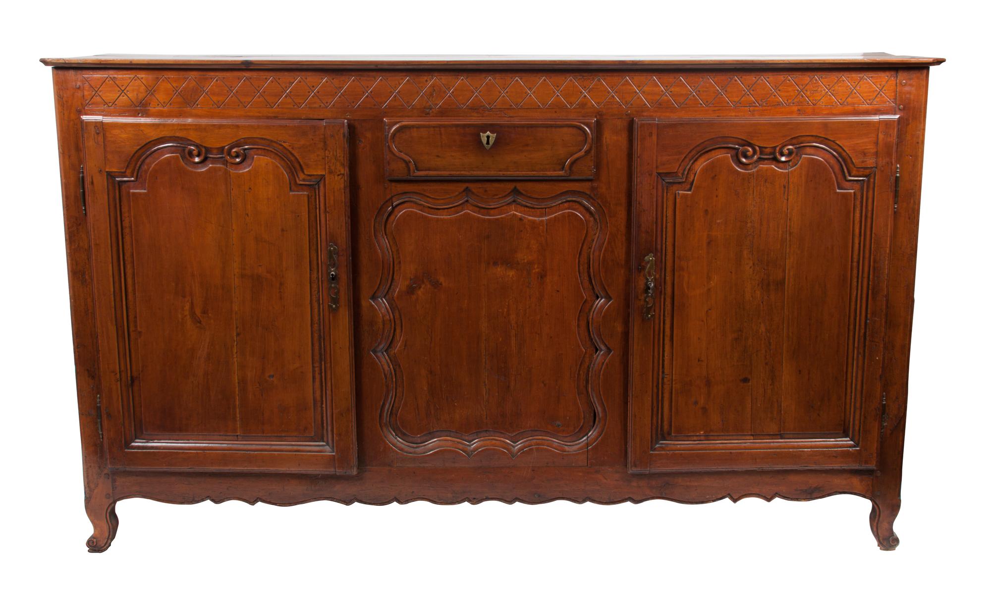 A French Provincial Walnut Sideboard Height 44 1/4 x width 77 x depth 19 1/4 inches.