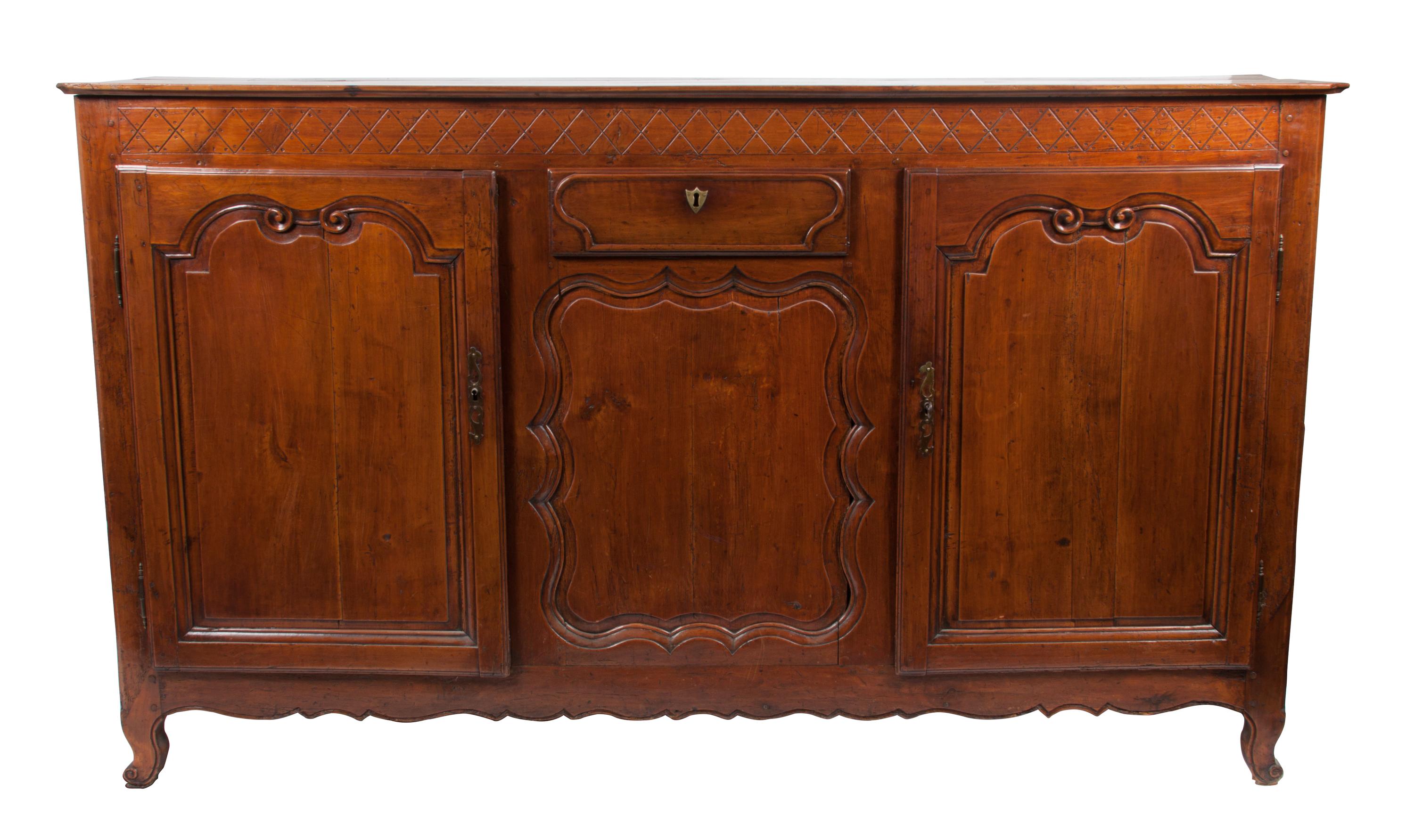 A French Provincial Walnut Sideboard Height 44 1/4 x width 77 x depth 19 1/4 inches.