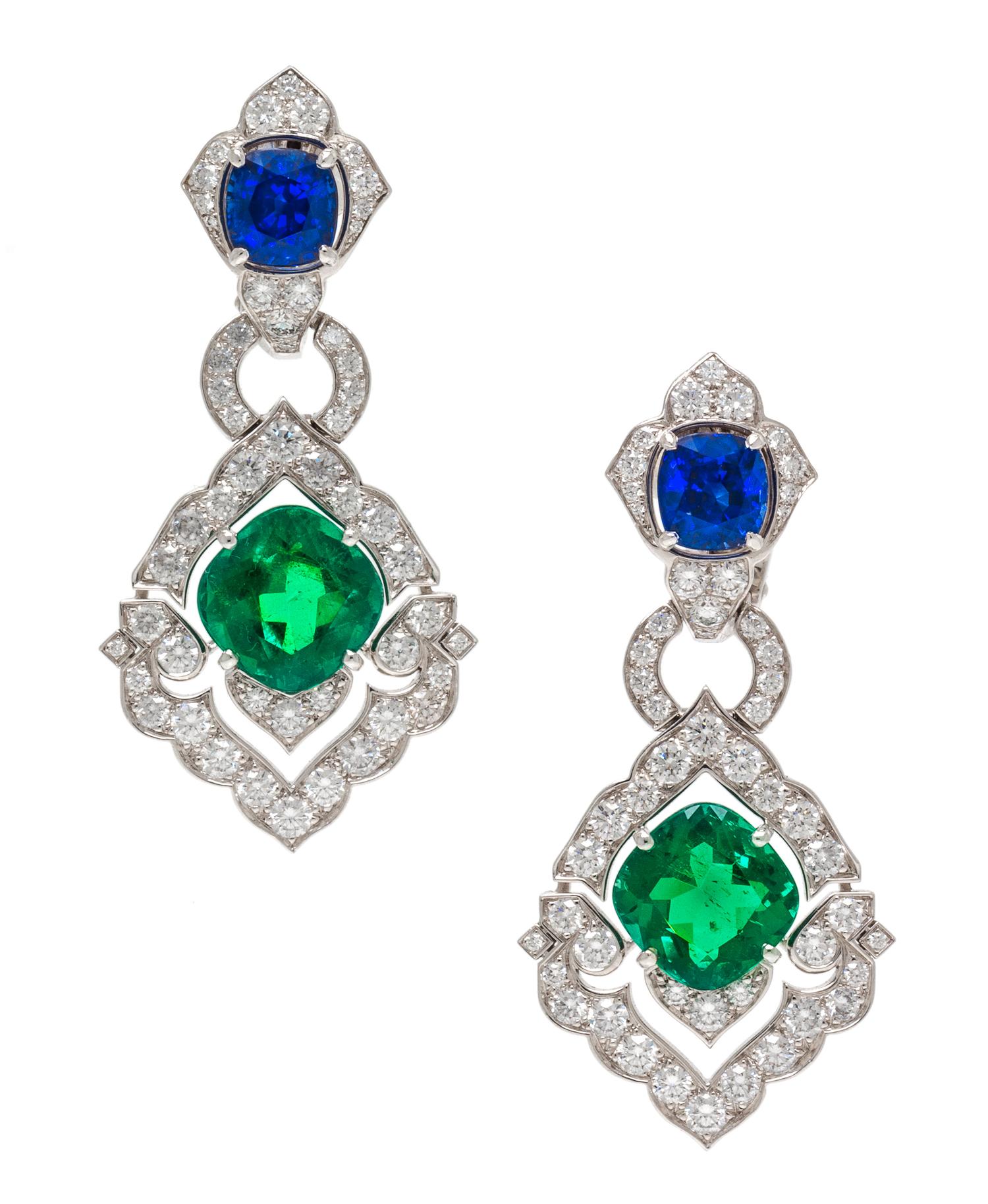 An Important Pair of Platinum, Emerald, Sapphire and Diamond "Victoria" Earclips, Cartier, Circa 2008, 16.00 dwts.