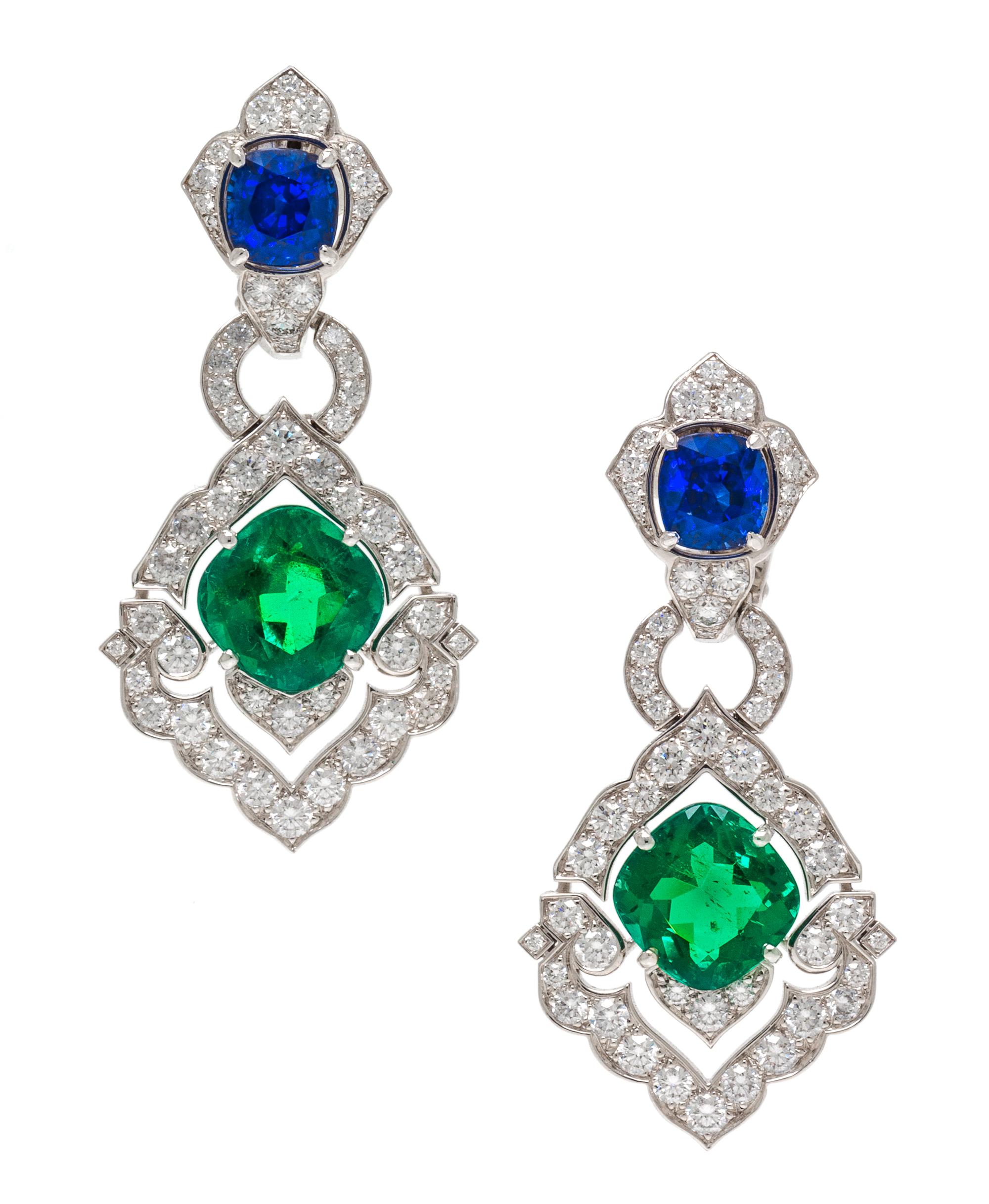 An Important Pair of Platinum, Emerald, Sapphire and Diamond "Victoria" Earclips, Cartier, Circa 2008, 16.00 dwts.
